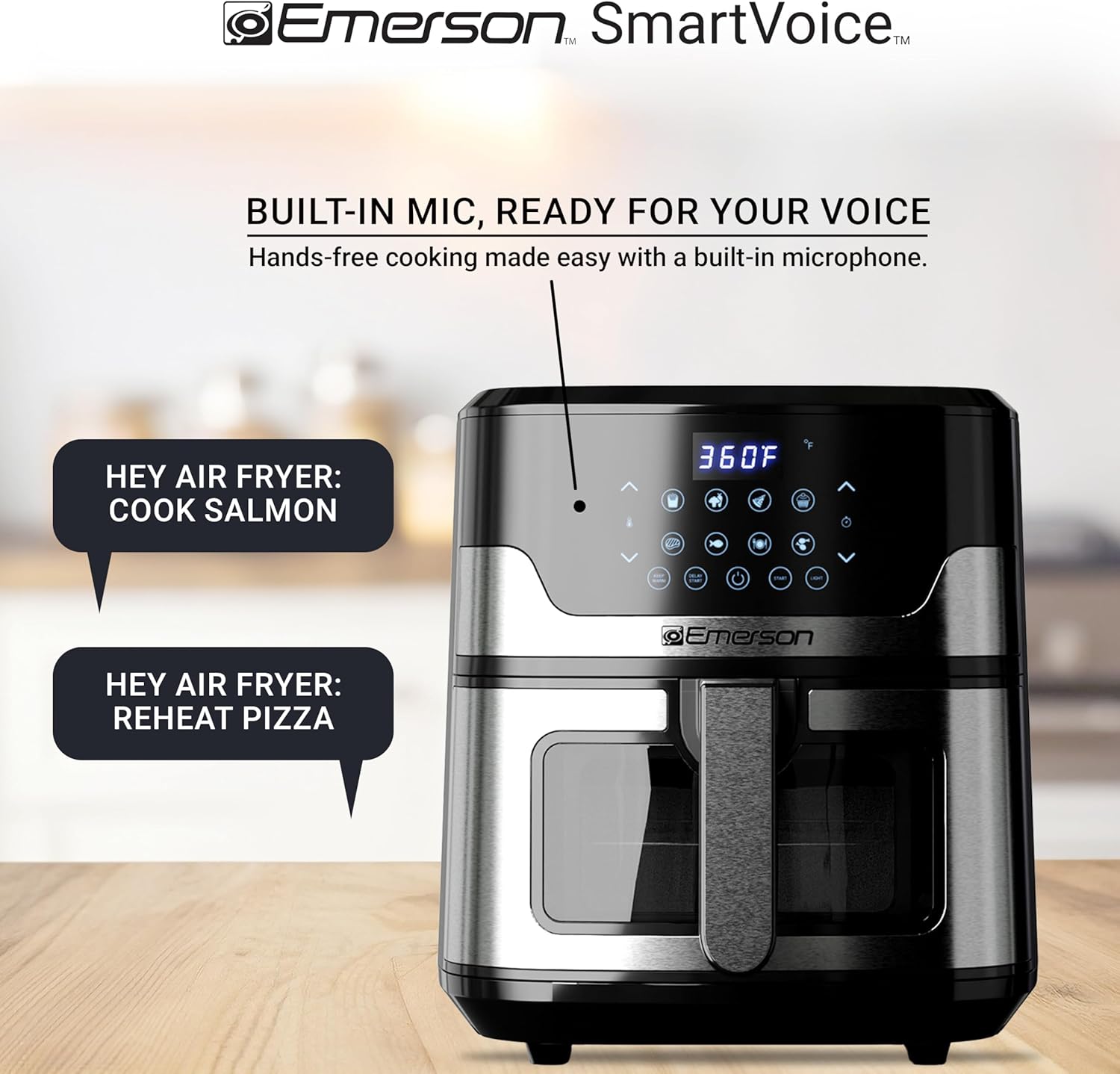 Emerson SmartVoice 5.3QT 6-in-1 Air Fryer, 1000+ Voice Control Commands, 100+ Recognized Food, No APP, No WIFI, No Setup, Nonstick Basket, Air Fry, Bake, Reheat, Dehydrate, 1500W