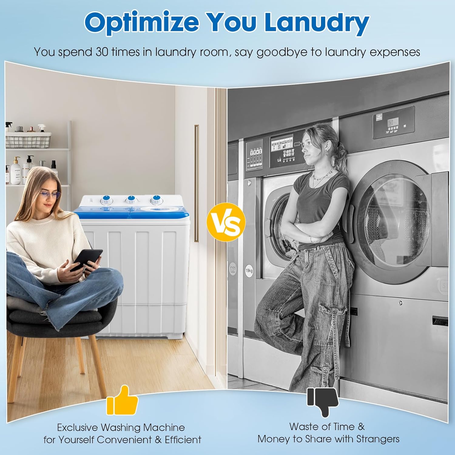 14 lbs Portable Dual Tub Washing Machine with 9.5 lbs Wash Capacity and 4.5 lbs Spin Capacity, Perfect for Small Spaces & Dorms, Blue