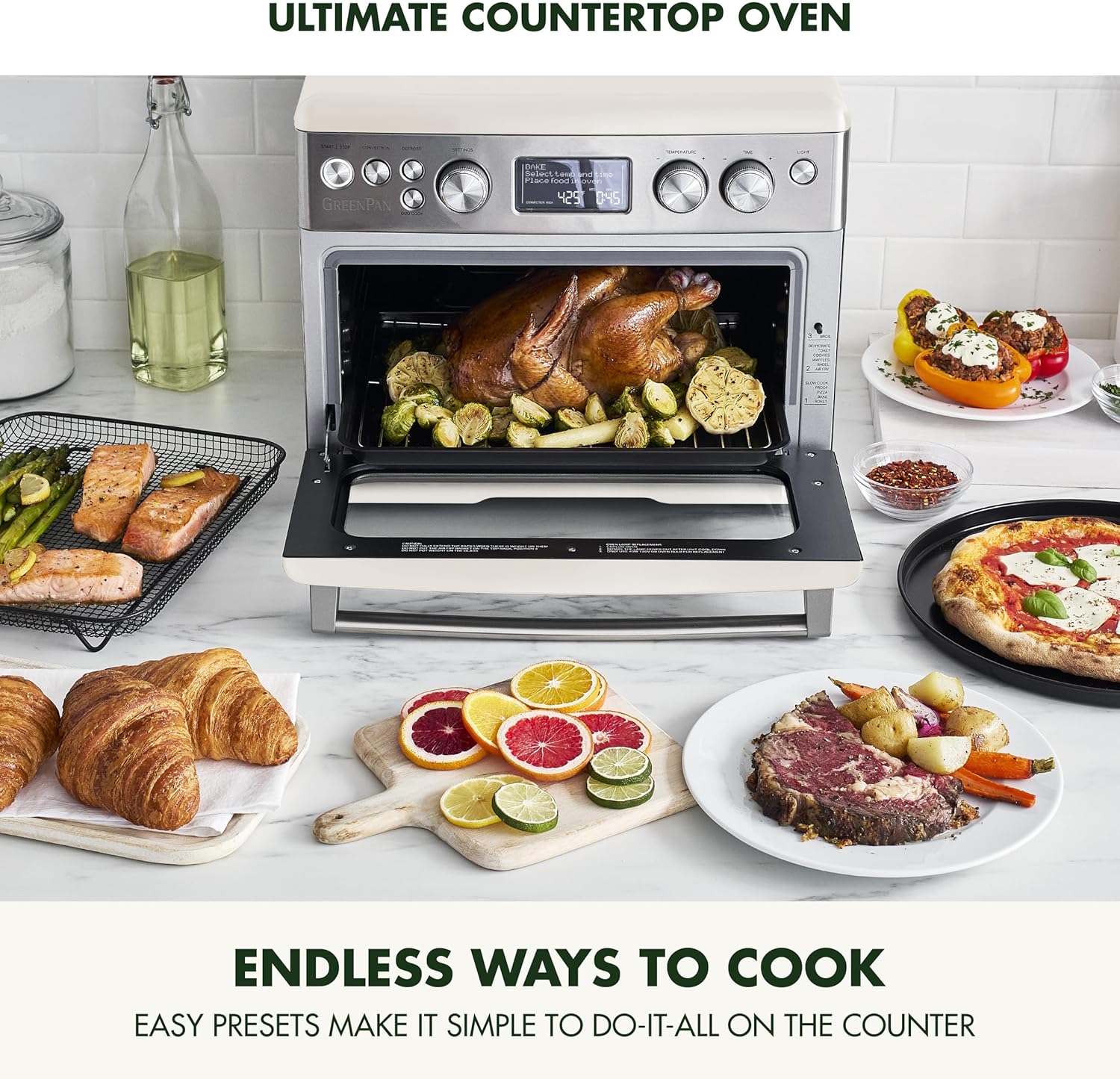 GreenPan 13-in-1 Elite Countertop Convection Oven & Air Fryer, PFAS-Free Ceramic Tray & Pizza Pan, Adjustable Racks, Multifunction Presets, Toaster, Bake, Broil, Roast, Proof, Dehydrate, Cloud Cream