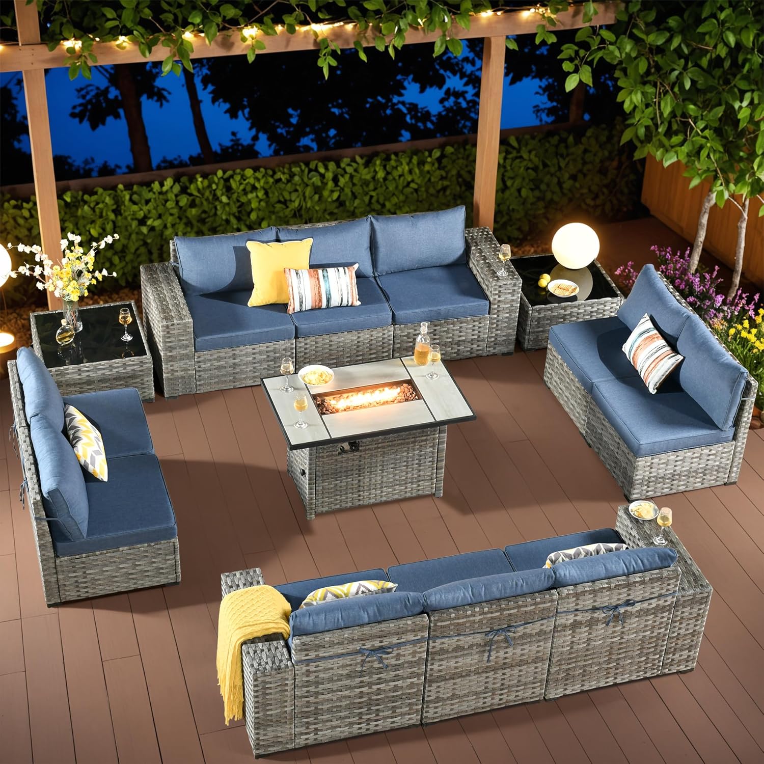 Outdoor Patio Furniture Set,Outdoor Wicker Patio Sectional Furniture Sets,All-Weather Rattan Sectional Sofa Chairs Conversation Set (Denim Blue, 13 PCS w/ 42