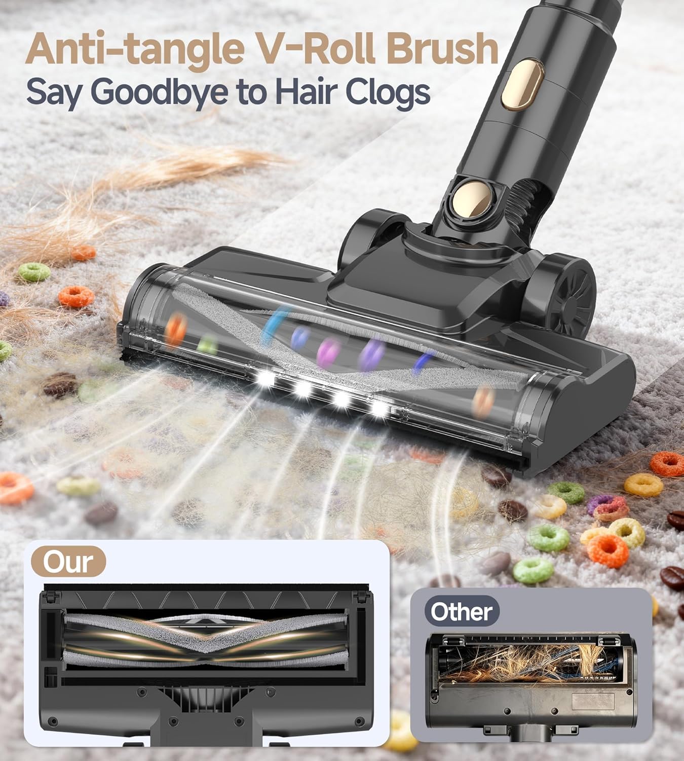 N17 Cordless Vacuum Cleaner, Upgraded Lightweight Stick Vacuum for Home, 45mins Runtime, Powerful Suction, Self-Standing, Anti-tangle, Rechargeable Vacuum for Hard Floor Carpets Pet Hair (Gold)