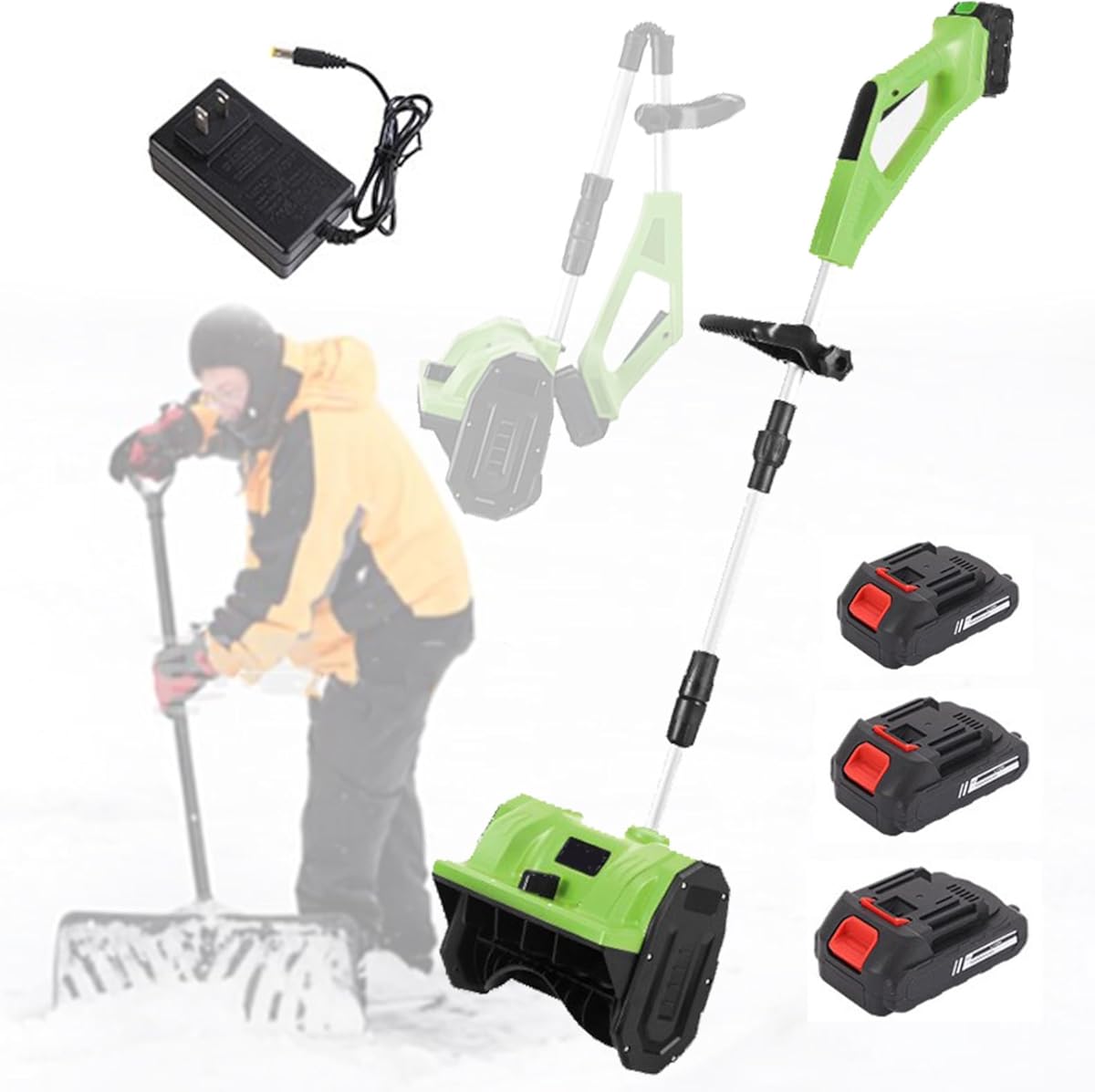 Cordless Snow Shovel, Battery Powered Wireless Brushless Snow Blower, Foldable Push Snow Sweeper with Telescopic Pole, Adjustable Direction & 3 Battery,Green