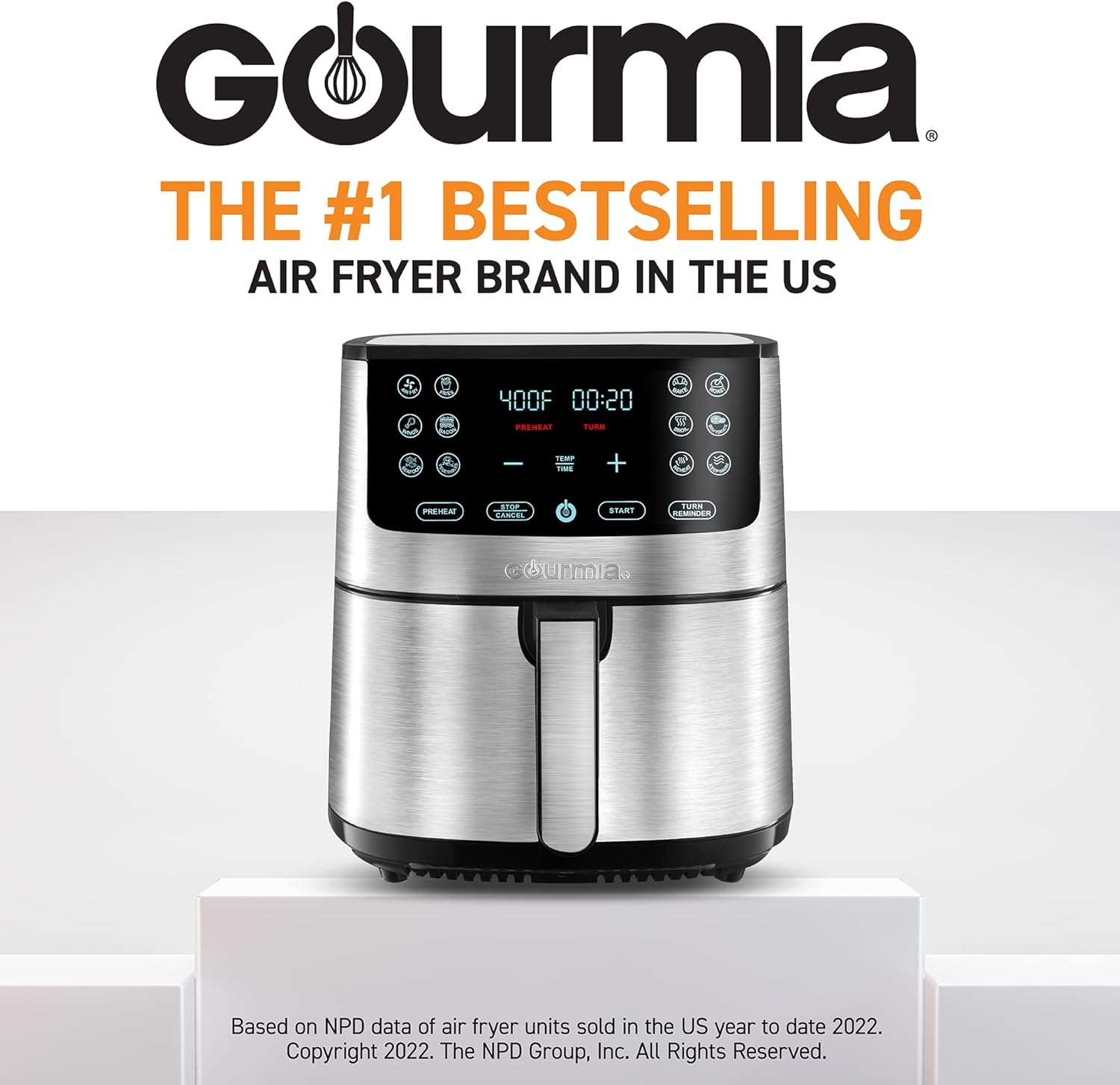 Gourmia Air Fryer Oven Digital Display 8 Quart Large AirFryer Cooker 12 Touch Cooking Presets, XL Air Fryer Basket 1700w Power Multifunction GAF838 Black and stainless steel air fryer