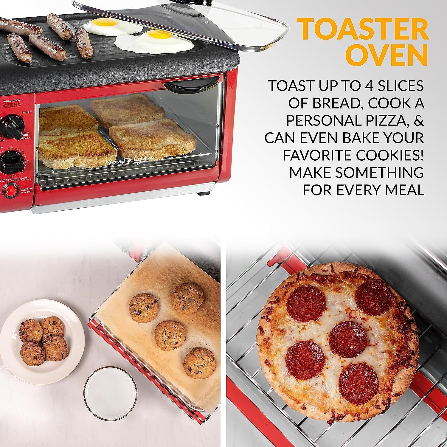 Nostalgia 3-in-1 Breakfast Station - Includes Coffee Maker, Non-Stick Griddle, and 4-Slice Toaster Oven - Versatile Breakfast Maker with Timer - Red