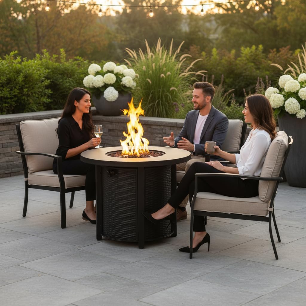 Outdoor Living 30-Inch Round Propane Fire Pit Table, 50000 BTU, Black Steel Construction, Hidden Tank Storage, Electronic Ignition, Includes Lava Rocks for Patio Garden
