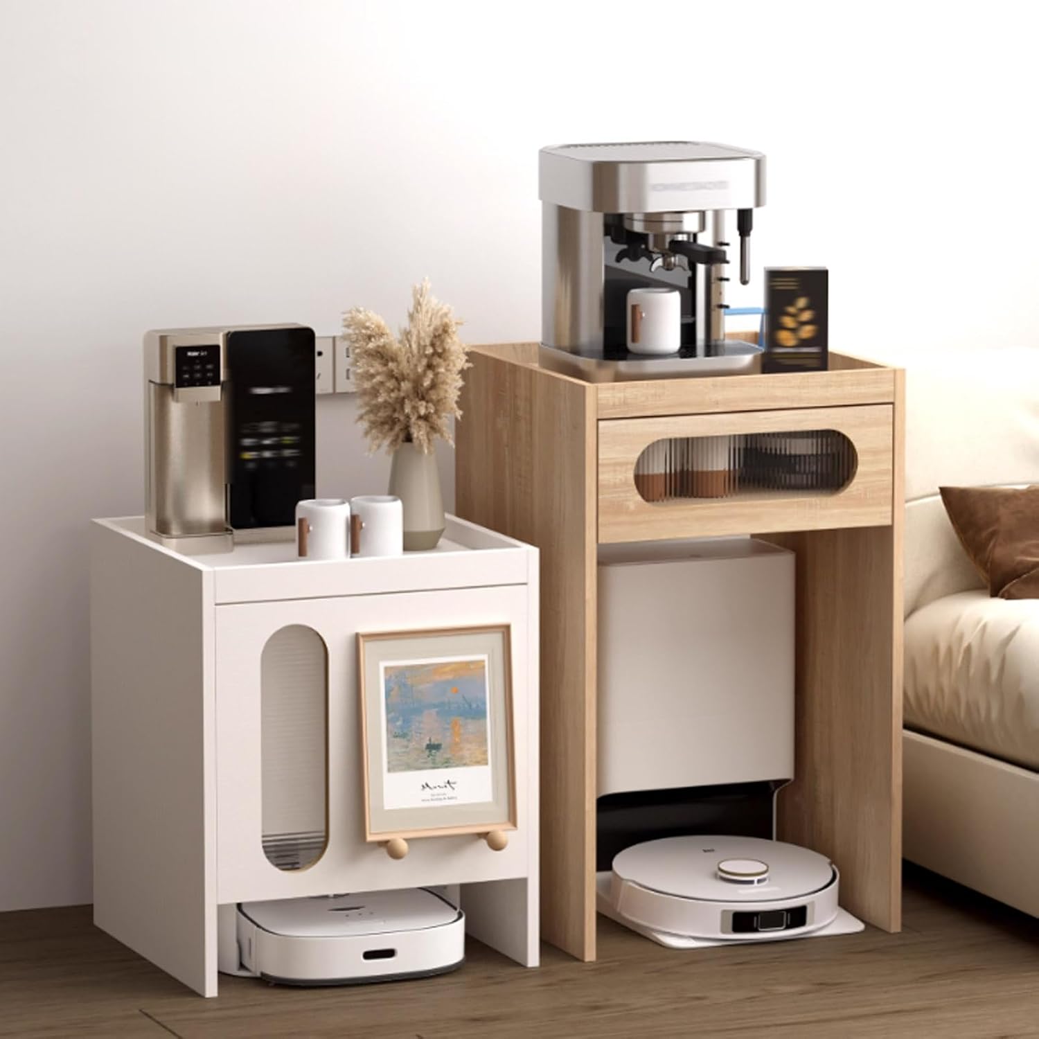 Vacuum Hidden Cabinet for Sweeping, Robot Vacuum Stand Cabinet with Drawers, Robot Vacuum Hidden Storage Cabinet, Wood Sweeping Robot Storage Rack(Natural,19.6x17.7x29.5'')