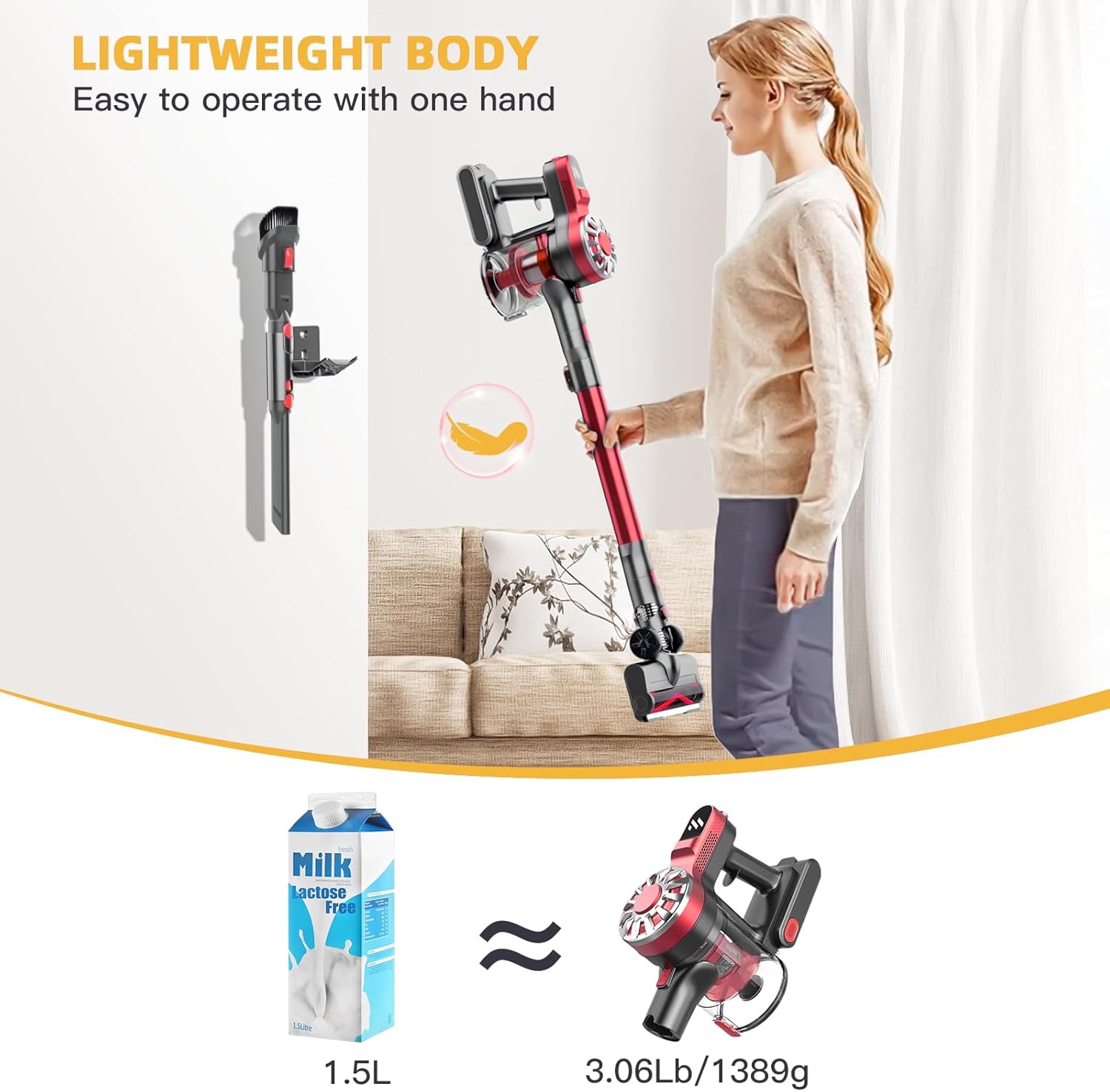 Cordless Vacuum Cleaner for Home, Lightweight Stick Vacuum Cordless Rechargeable with Power Suction, Up to 35 Mins Runtime, Hardwood Floor Vacuum for Pet Hair, Carpets, Tile(Deep Red)