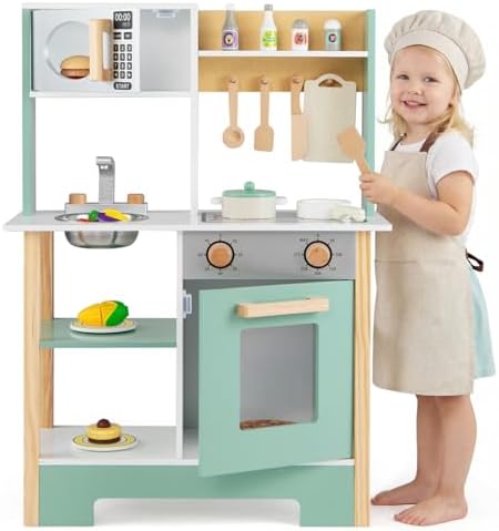 Costzon Kids Play Kitchen, Wooden Toy Kitchen w/Microwave, Water Sink, Oven, Stoves & Cookware Accessories, Pretend Kitchen Playset with Storage for Toddlers, Gift for Boys and Girls Aged 3+
