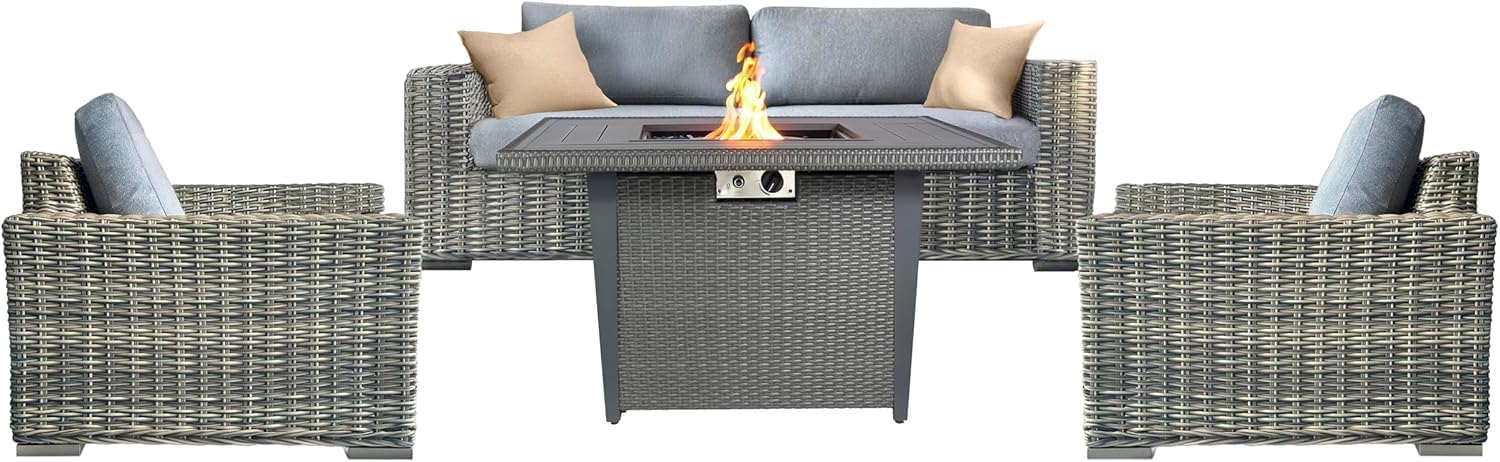 Mazatzal 4 Piece Outdoor Patio Furniture Set with 42 Inch Grey Propane Fire Pit, Wicker Rattan Outdoor Loveseat and Stationary Chairs, Aluminum Frame, Includes Fire Glass & Wind Guard