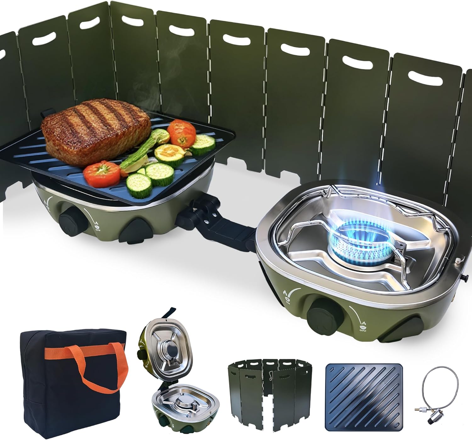 BJIPFO 2 Burner Foldable Camping Stove, Portable Propane Camp Stove,With Grill、Carry Bag Windscreen，20,000BTU Adjustable Burners & Piezo Ignition for Tailgating,BBQ,camp essentials gear