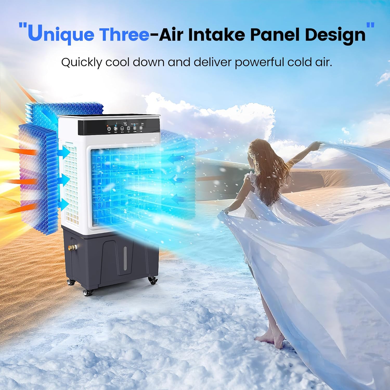 Evaporative Air Cooler, 3500CFM 3-in-1 Swamp Cooler with 7.5Gal Water Tank, 120° Oscillation, 3 Speeds 3 Modes, 4 Ice Packs, 12H Timer, Remote, Portable Air Conditioner for Room, Home & Office