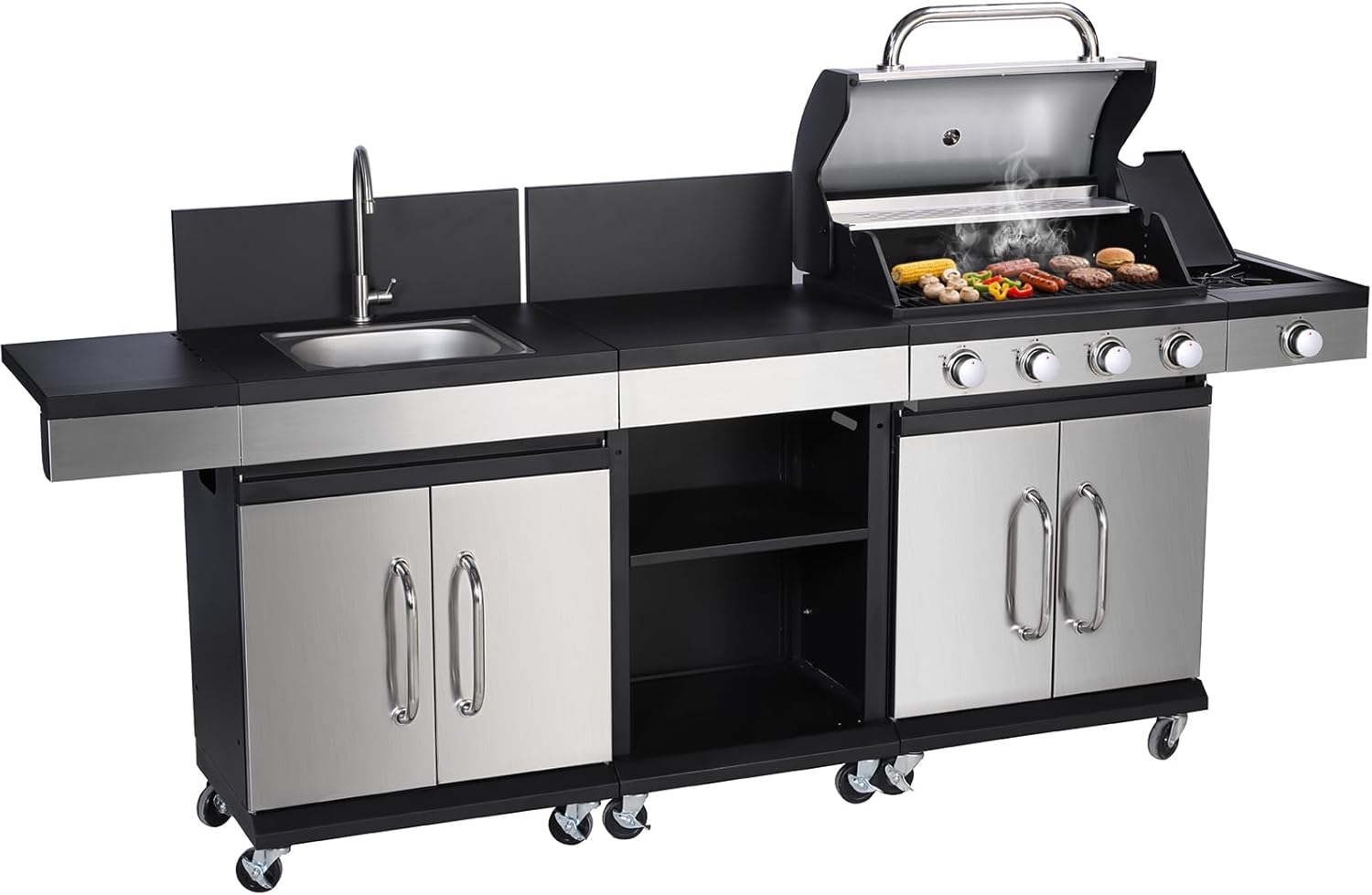 5-Burner Propane Gas Grill with Porcelain-Enameled Cast Iron Grates, 10,000 BTU Stainless Steel BBQ Grill with Side Burner, Sink Faucet & Storage Cabinet for Outdoor Cooking