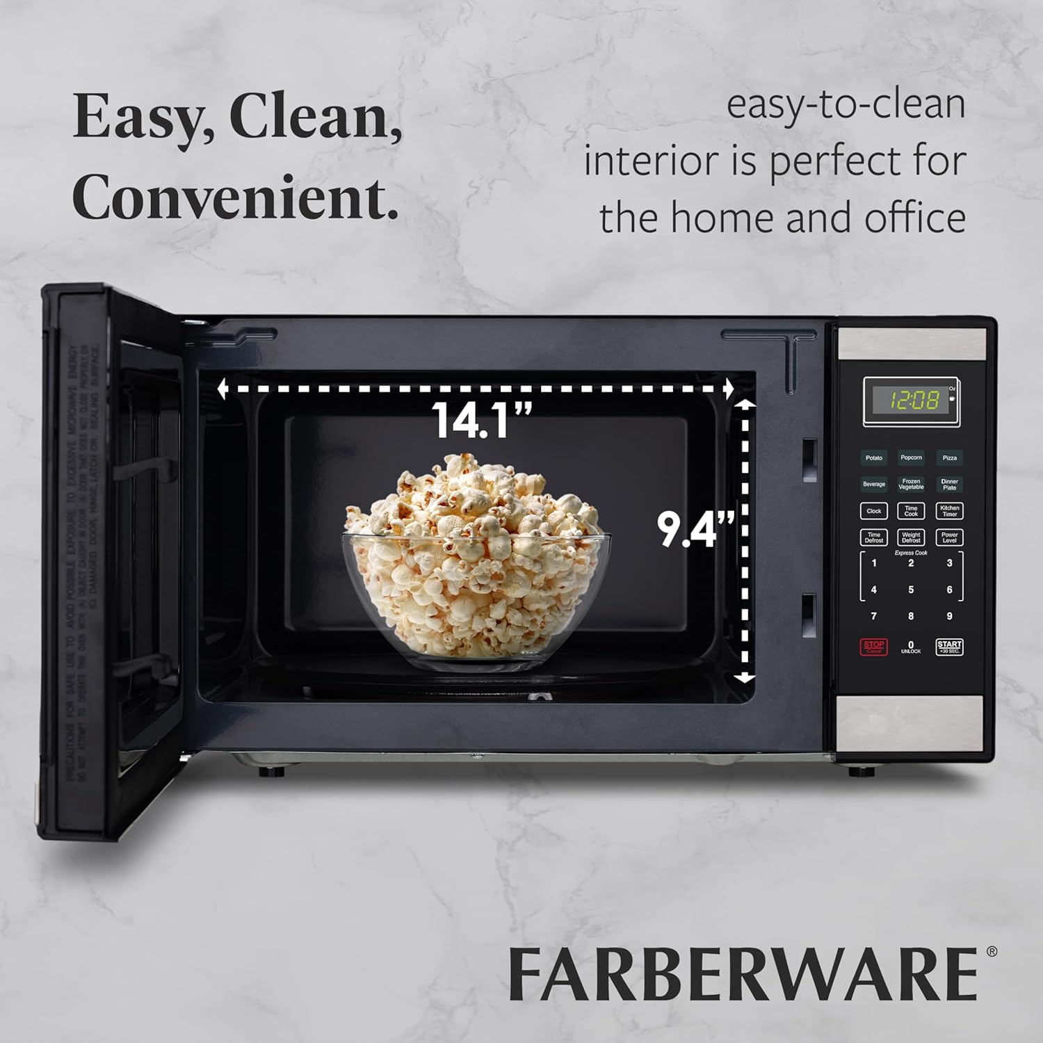 Farberware 1.1 Cu. Ft. Countertop Microwave Oven – 1000 Watts Power, Auto Cook Settings, Defrost, Easy Clean and Child Safety Lock - Stainless and Black