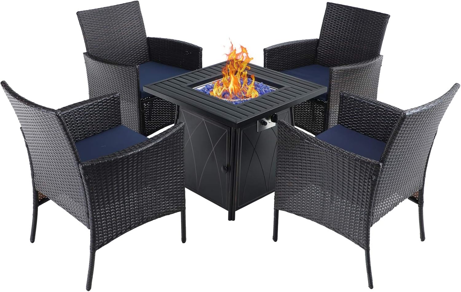 Sophia & William Patio 5 Pieces Dining Set with 1 Square Gas Fire Pit Table and 4 PE Rattan Chairs, Modern 2 in 1 50000 BTU Outdoor Propane Firepits Table Auto-ignition Black 28.4