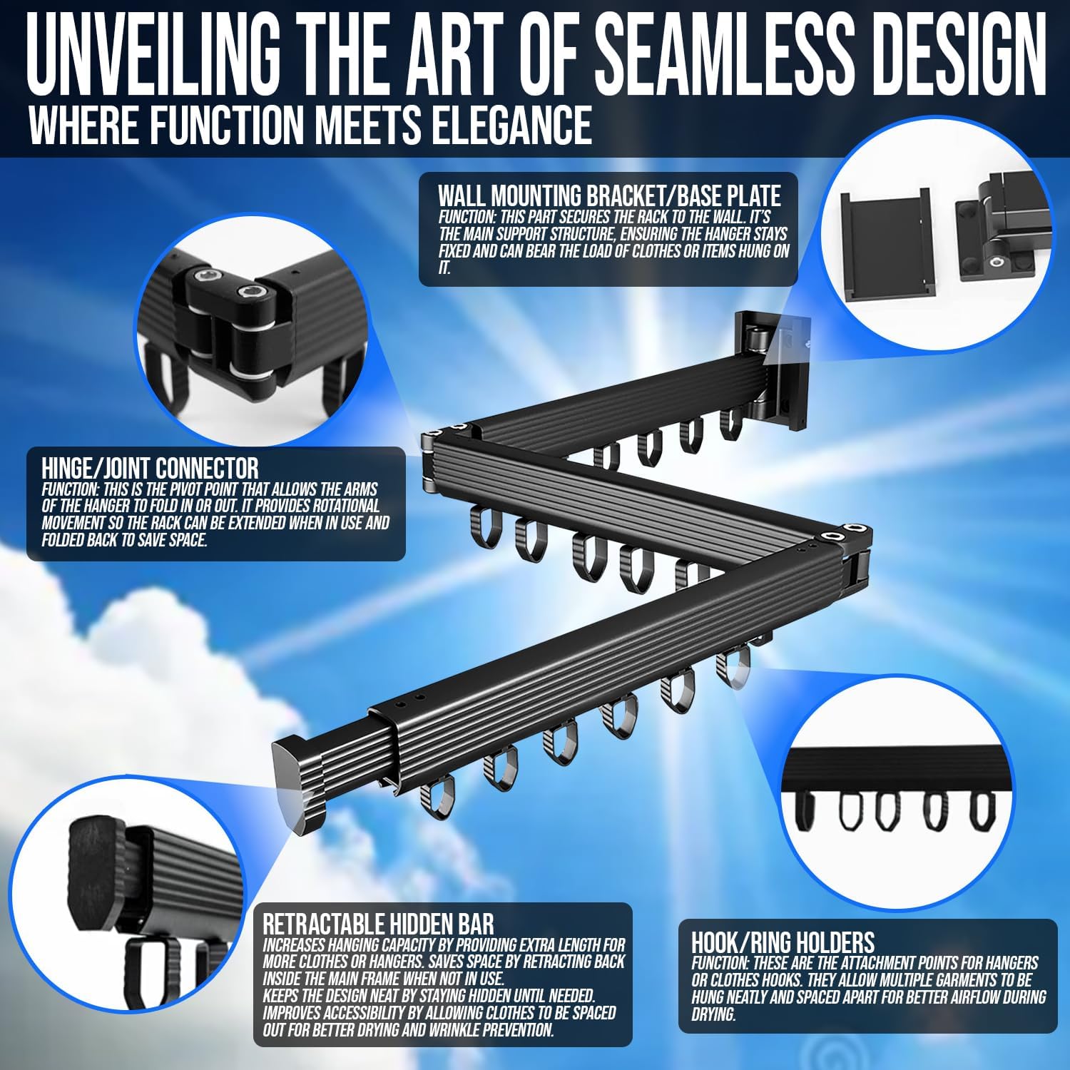 Wall Mounted Drying Rack for Laundry - Foldable Clothes Hanger Dryer with 180° Swivel, 220 lb Capacity, Aluminum Construction, Space-Saving Indoor Outdoor Organizer - Black