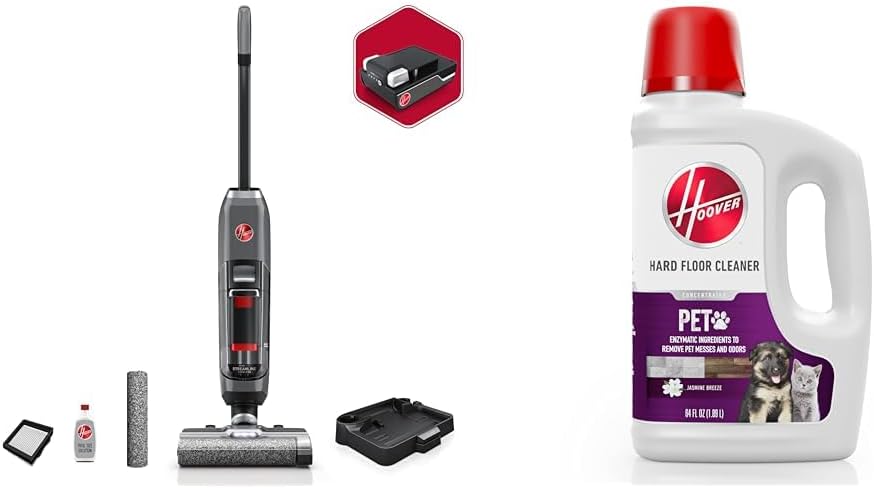 Hoover ONEPWR Streamline Cordless Hard Floor Cleaner, Wet Dry Vacuum, BH55400V + Hoover Pet Hard Floor Cleaner, Concentrated Pet Cleaning Solution for Hard Floor Machines, 64 oz, AH31451