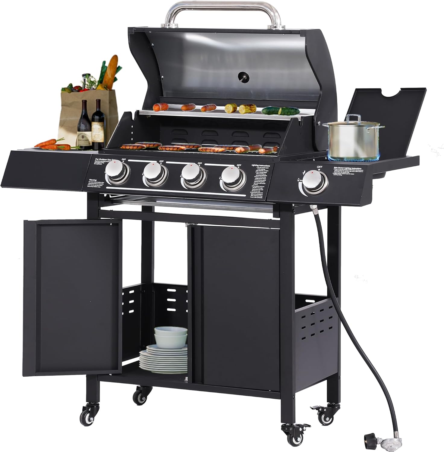 4-Burner Propane Gas Grill with Side Burner - Stainless Steel BBQ Grill Outdoor with Porcelain-Enameled Cast Iron Grates,50,000 BTU Barbecue Grills for Patio, Cooking Kitchen, Backyard Garden