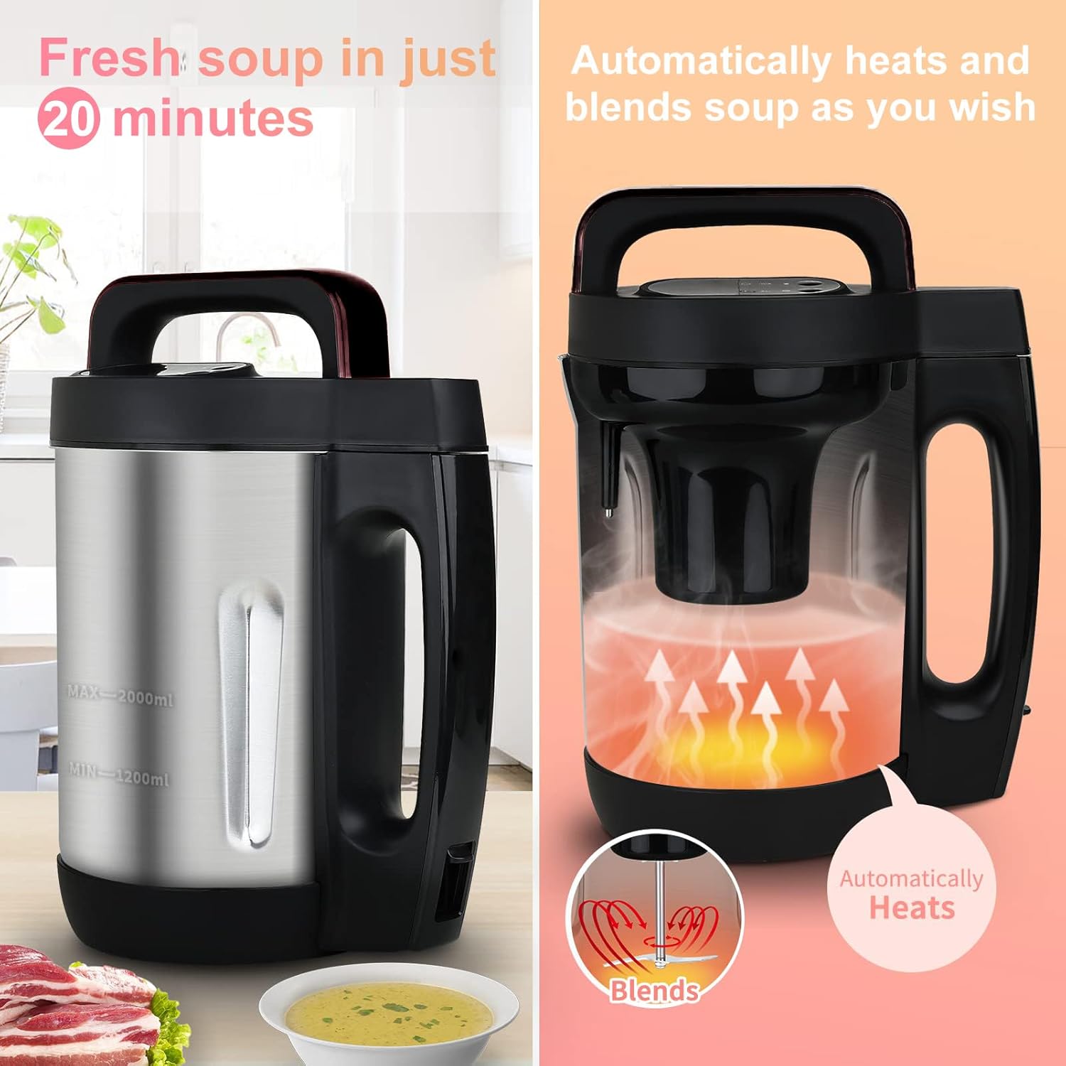 Soup Maker 2 L, Makes 4-6 Servings, Soup Maker Machine with 6 Preset Programs, Electric Soup Machine Automatic Heating and Blending for Purées, Baby Foods, Smoothies, Stainless Steel