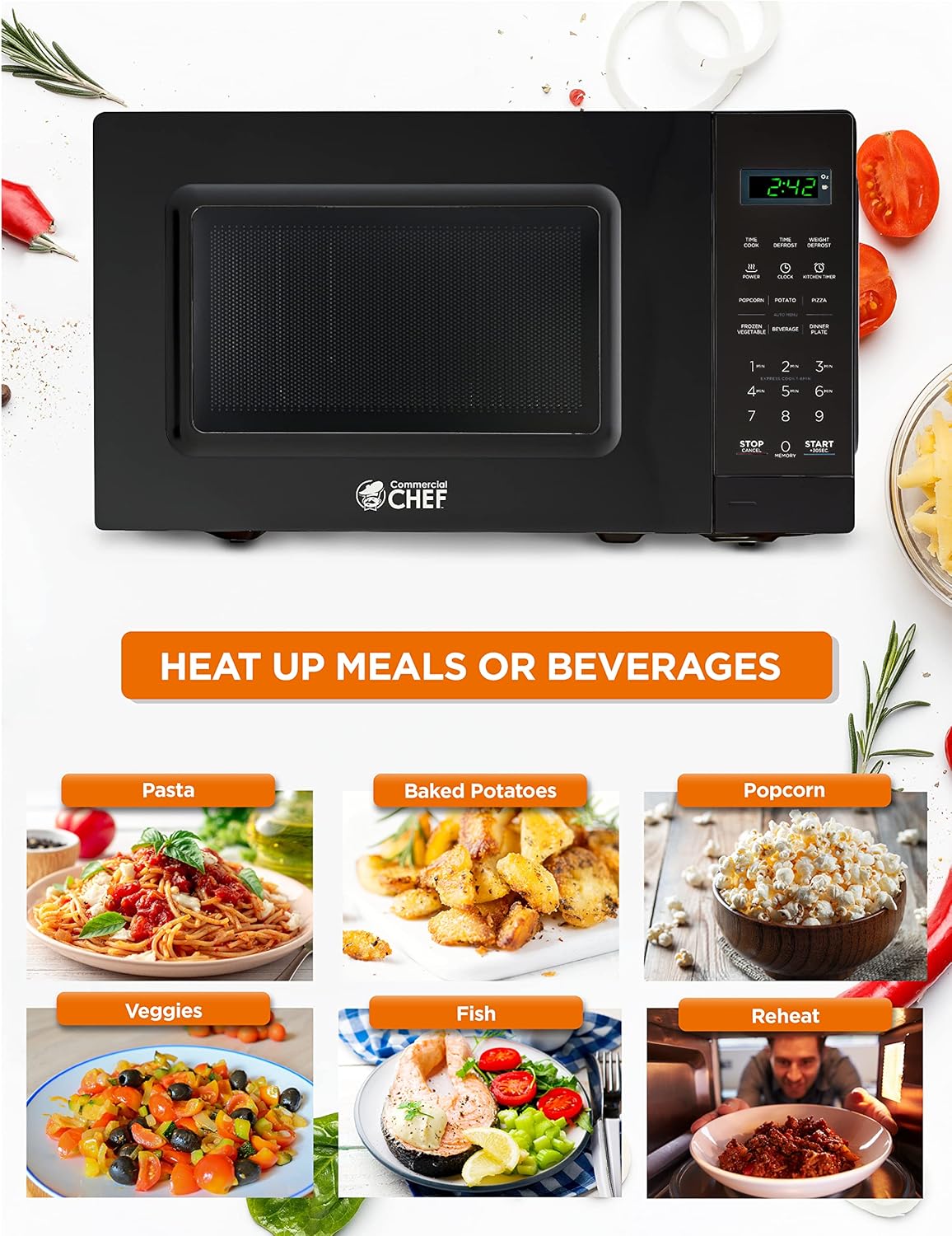 Commercial CHEF Small Microwave 0.7 Cu. Ft. Countertop with Digital Display, Black & Elite Gourmet ETO236 Personal 2 Slice Toaster Oven 15 Minute Timer