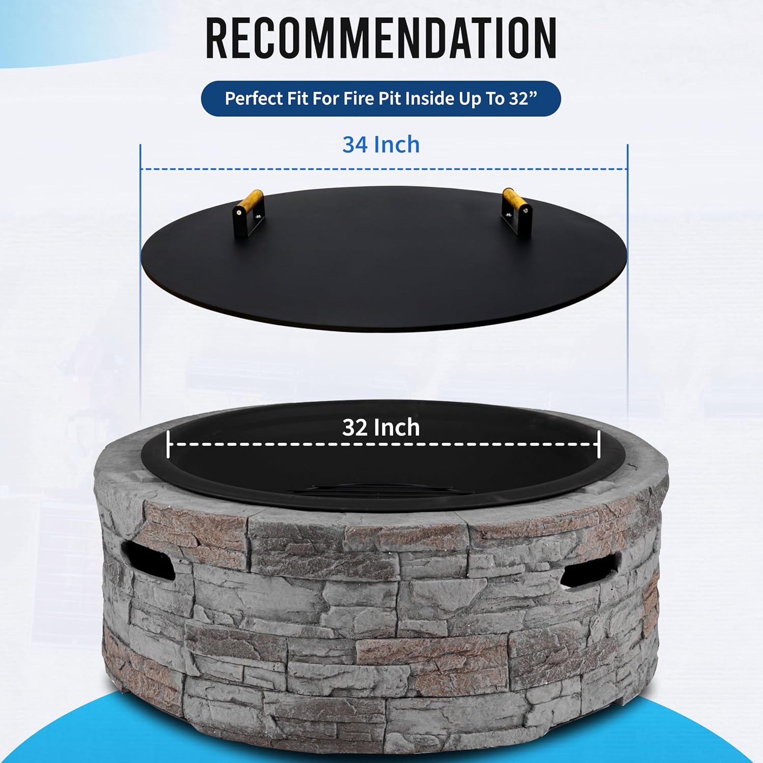 34-Inch Round Fire Pit Lid – Metal Cover with Wooden Handles, Weather-Resistant Snuffer for Bonfire & Propane Fire Pits, Doubles as Outdoor Table