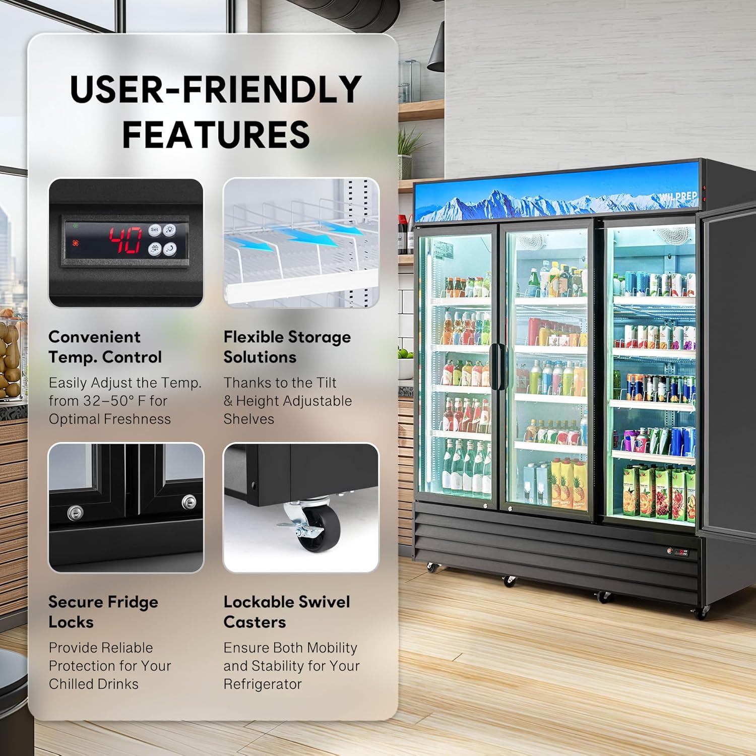 Wilprep Commercial Merchandiser Refrigerator, Upright Beverage Refrigerator with 3 Glass Door, ETL Fog Free Display Refrigerator Cooler 72.4 cu. ft. with LED Lighting for Retail Drinks Soda