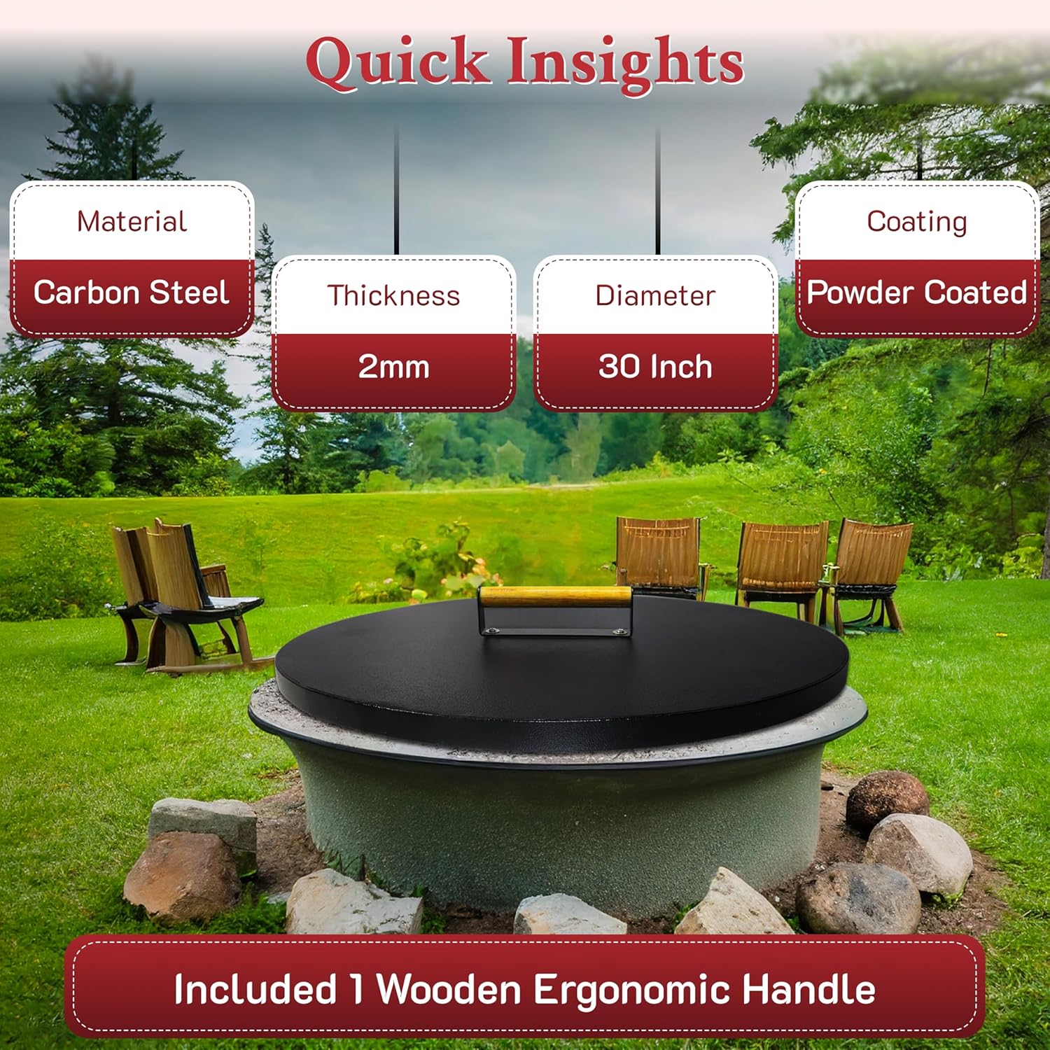 30” firepit lid round for inside up to 28” gas fire pit lid for Outdoor Fireplace Cover Lid - Steel fire pit metal cover with Wooden Handle & Powder Coated Snuffer Lid for Round Patio Fire Pit Ring