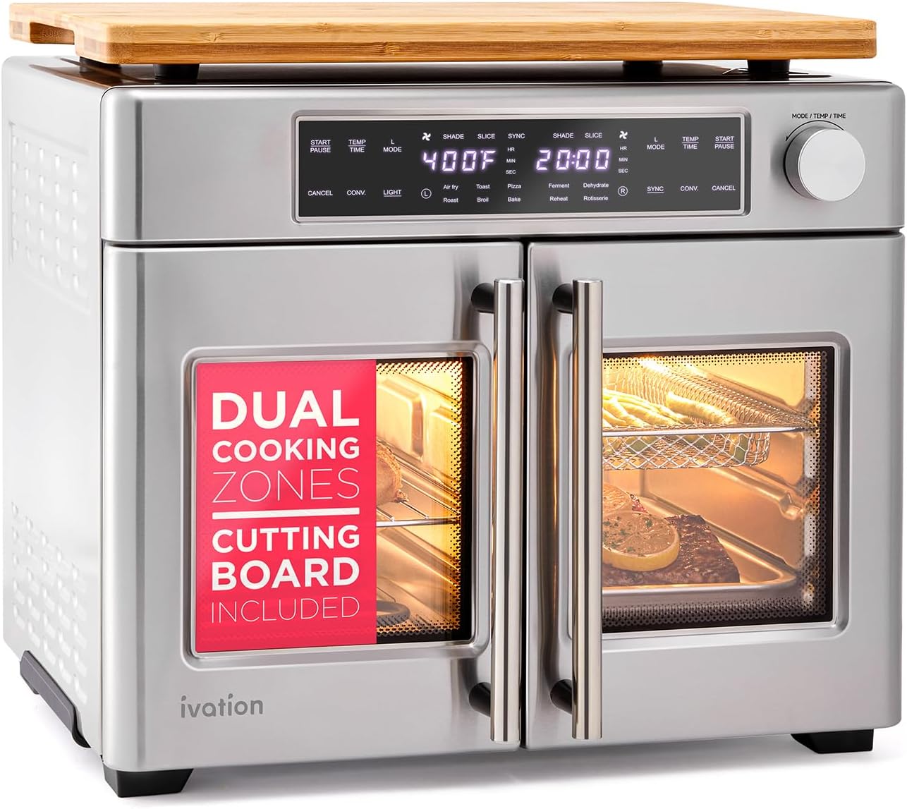 Ivation Dual Zone Air Fryer French Door Oven - 32 Quatity Convection Toaster Combo, 10-in-1 Multifunction Up to 450° - 1800W - Temperature Control, Timer - Stainless Steel - Dehydrate, Bake, Roast