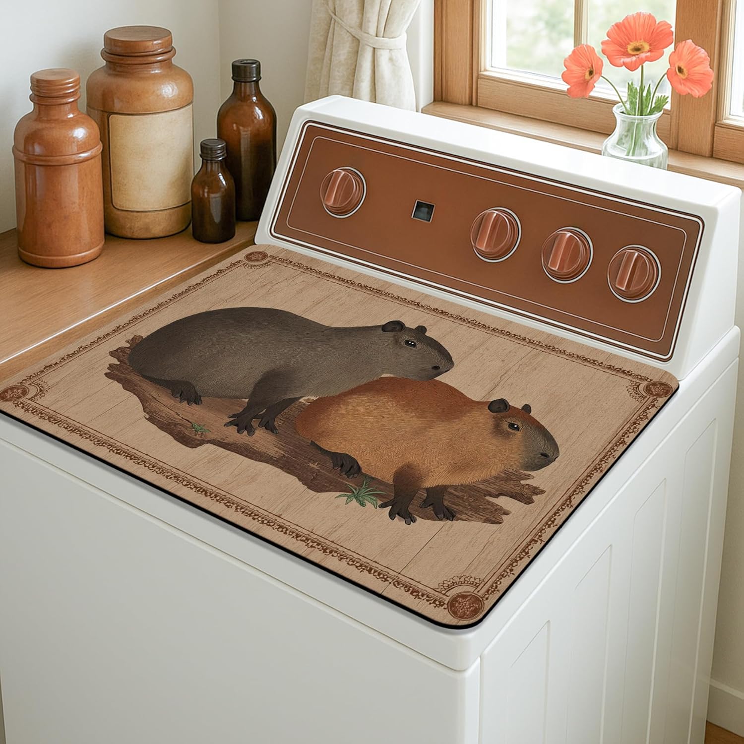 Capybara Washer Dryer Top Protector Mat, Vintage Animal Pattern Laundry Machine Dust Cover, Nature-Themed Rubber Anti-slip Waterproof Washing Machine Mats for Laundry Room 20x24 Inch
