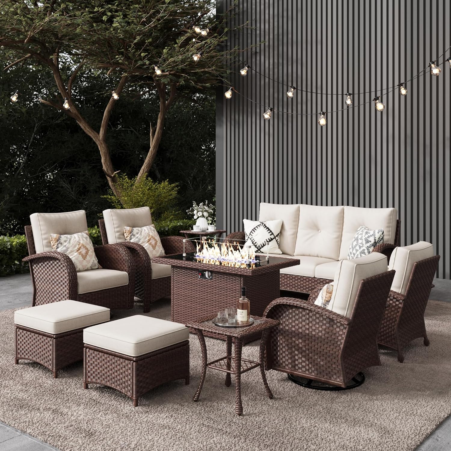 LayinSun 10 Pieces Outdoor Patio Furniture Set with Fire Pit Table, Rattan Wicker Sectional Swivel Rocker Chairs Sets