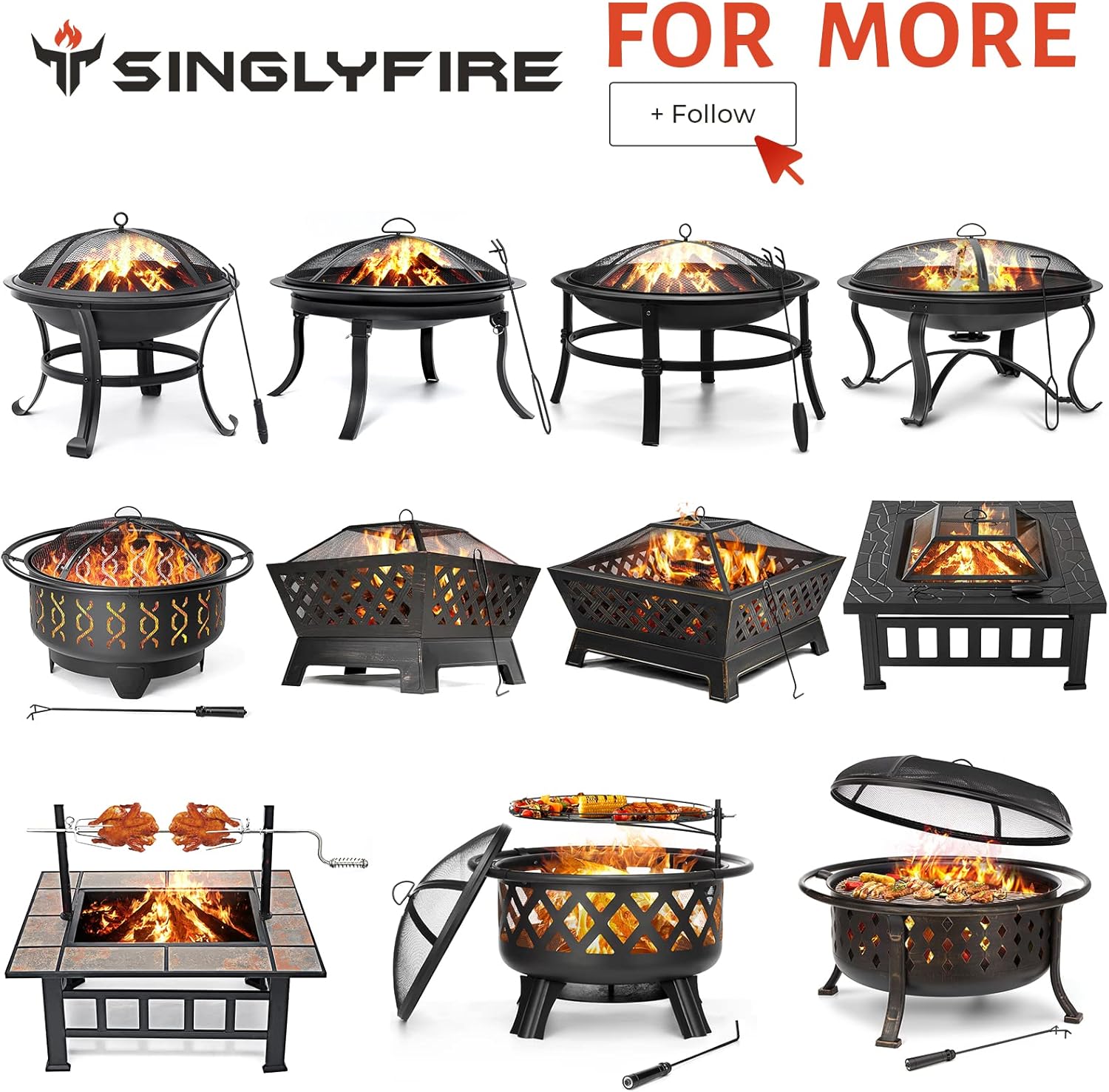 SINGLYFIRE 29 inch Fire Pits for Outside Firepit Outdoor Wood Burning Bonfire Pit Steel Firepit Bowl for Patio Backyard Camping,with Ash Plate,Spark Screen,Log Grate,Poker, bronze