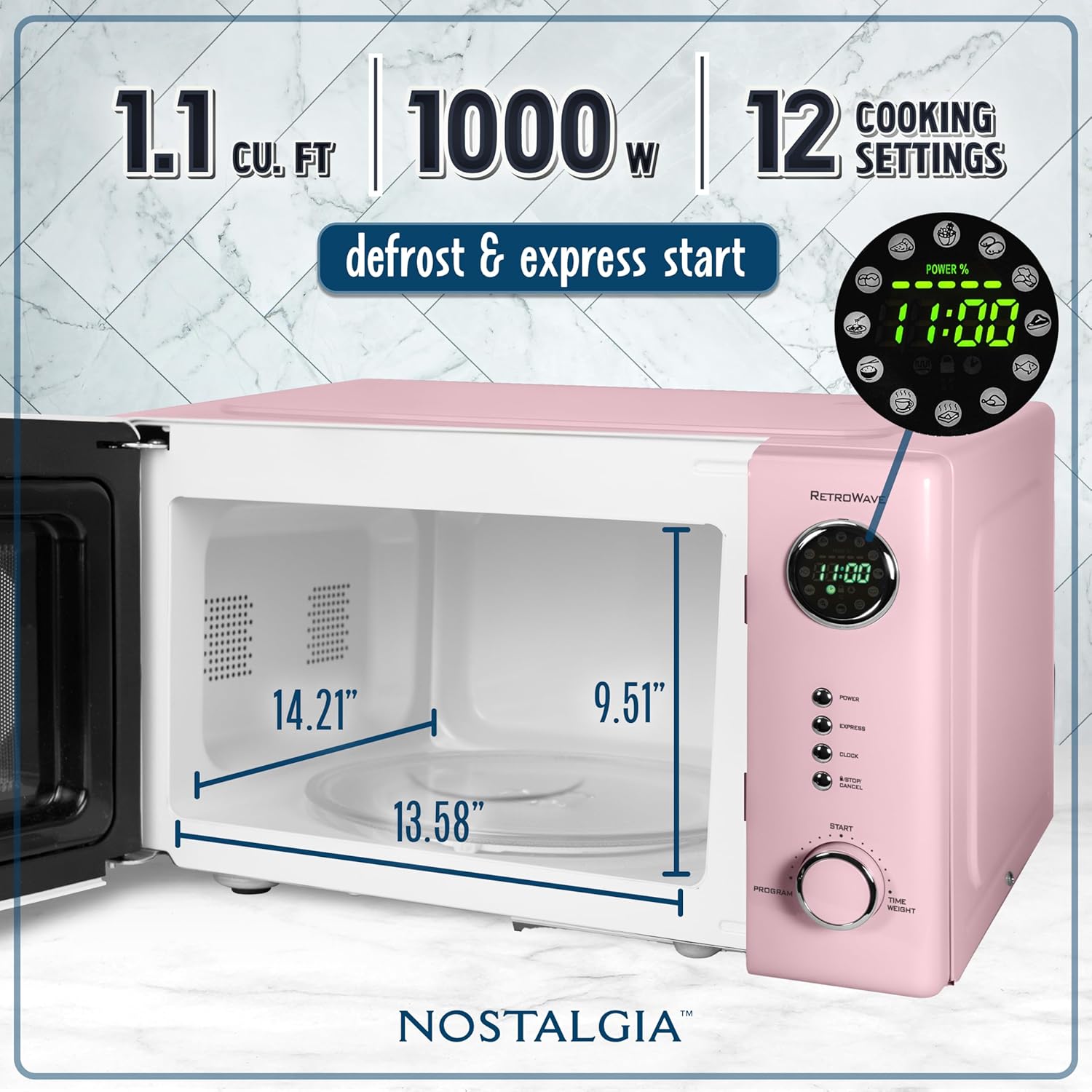 Nostalgia Retro Countertop Microwave Oven - 1.1 Cu Ft & 1000 Watt Power- Easy to Clean with Removable Glass Turntable - Child Safety Lock - 12 Programs - Digital Clock - Pink