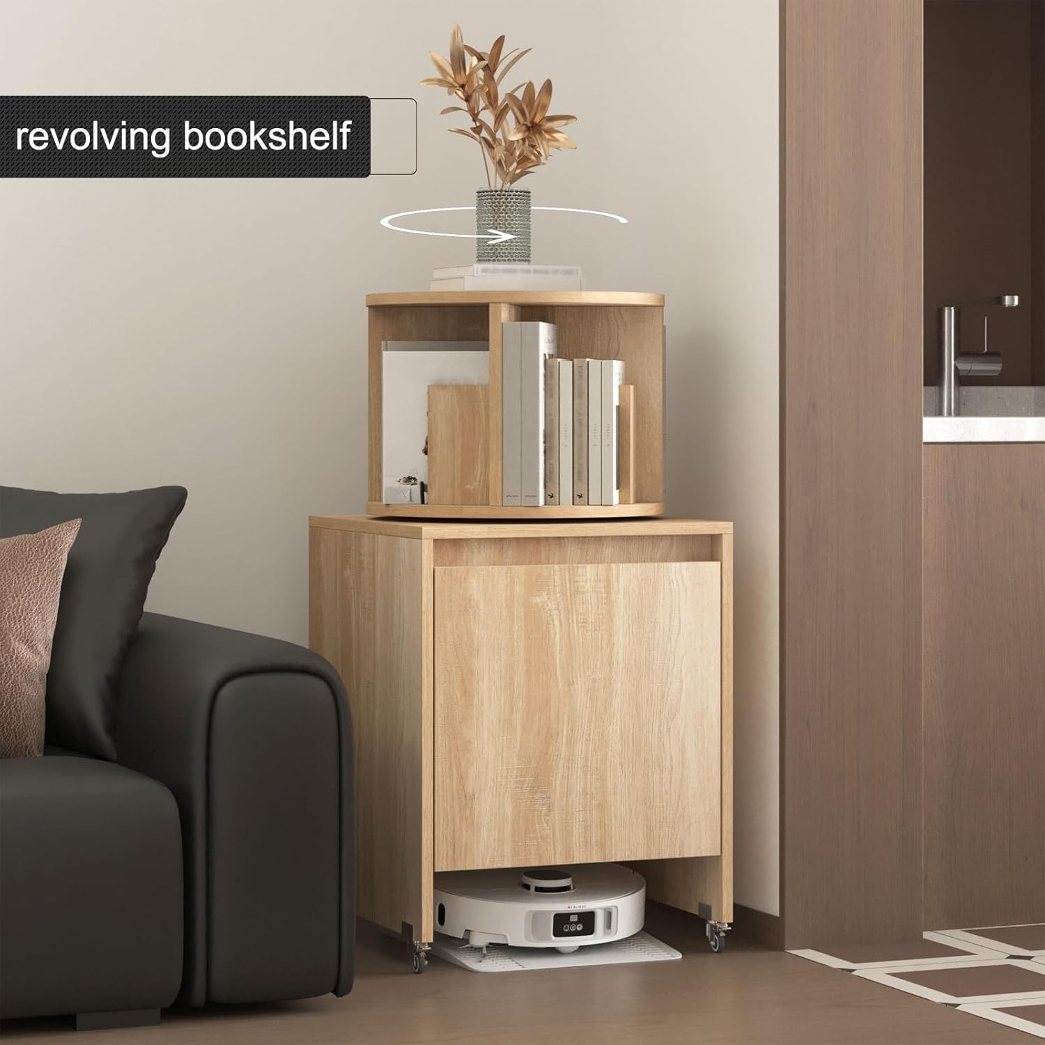 Robot Vacuum Storage Cabinet with Wheels, Mobile Vacuum Hidden Cabinet, Multi-Function Rotating Bookshelf, for Living Room Home Office Kitchen(Yellow,50 * 50 * 131.5cm)