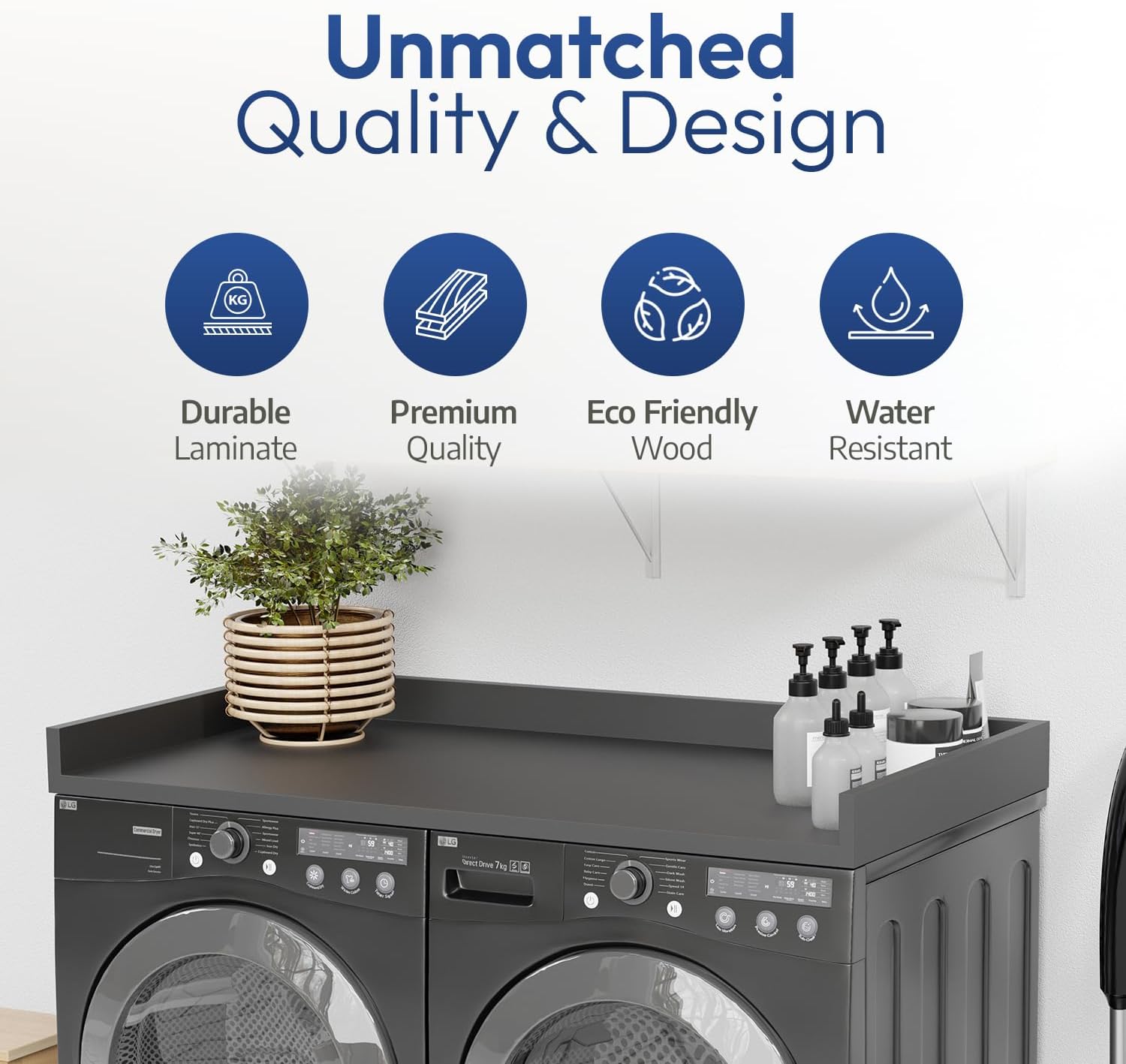 OfficeSimpli Washer Dryer Countertop, Made in USA, Non-Slip Pads, Easy Clean, Laundry Room Essentials and Decor, Washer Dryer Wood Top for Organization (Slate Grey, Standard (27.5