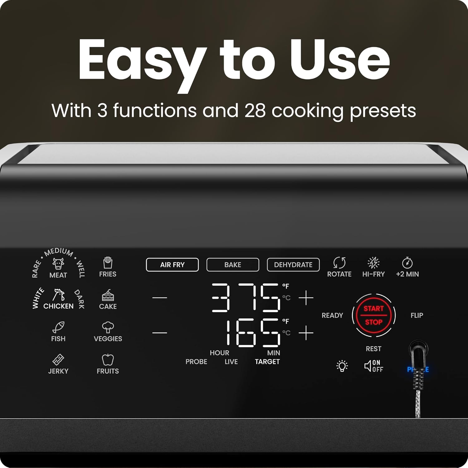 CHEFMAN ExacTemp™ 12 Quart 5-in-1 Air Fryer with Integrated Smart Cooking Thermometer, 28 Touchscreen Presets, Rotisserie, Dehydrator, Bake, XL Convection Oven with Auto Shutoff, Black