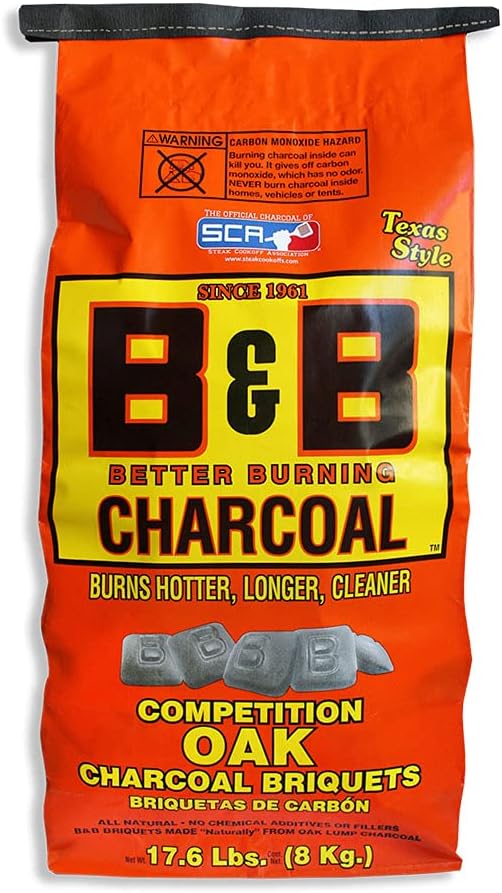 B&B Charcoal Slow Burning Oak Charcoal Briquettes with All Natural Smoky Flavoring for Grills, Barbecues, and Pitmaster Competitions, 17.6 Pounds - Set of 2