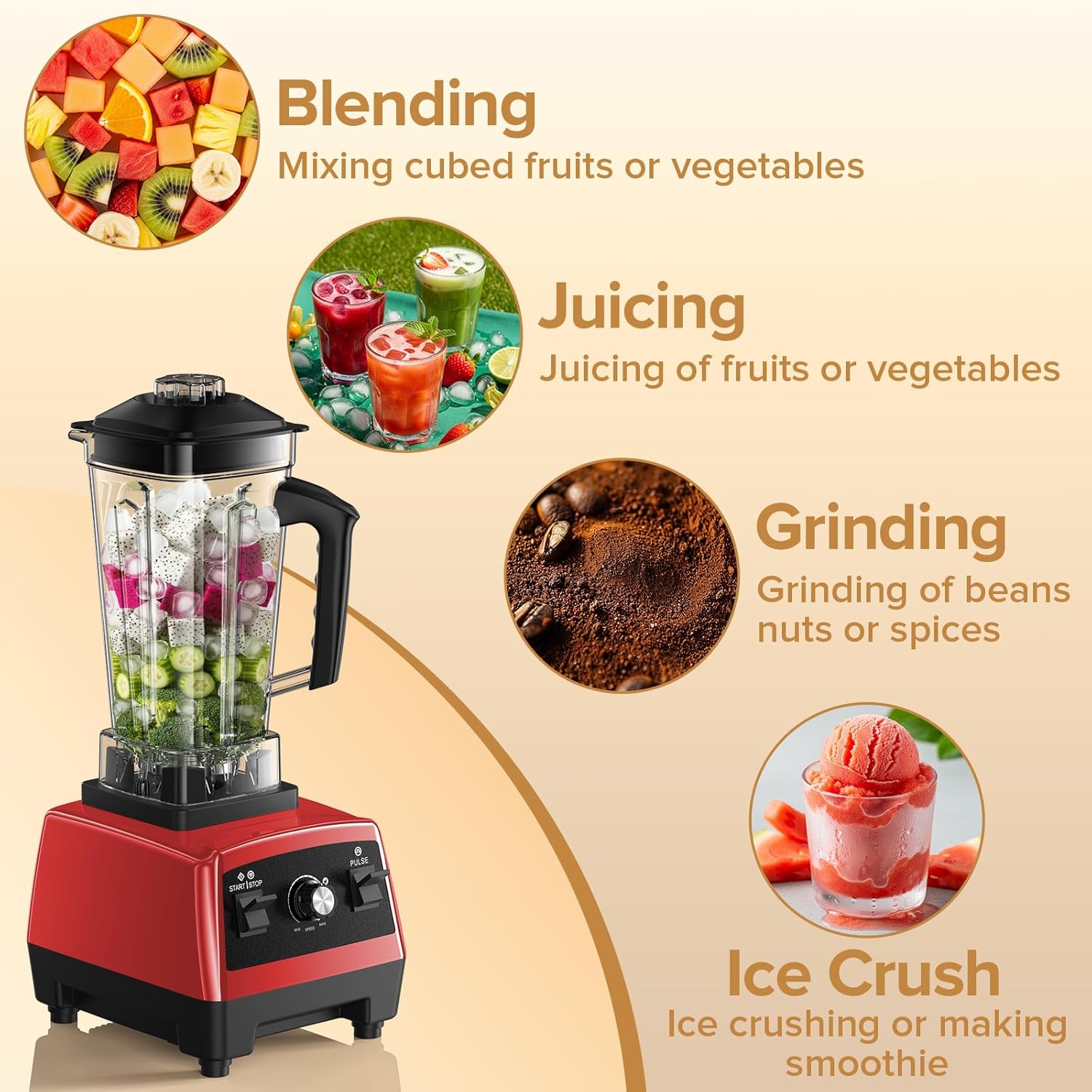 Blender for Smoothies, Blenders for Kitchen with 68Oz. Pitcher and 20Oz.Juicer Container, Smoothie Blender for Ice Crushing, Frozen Fruits, Red