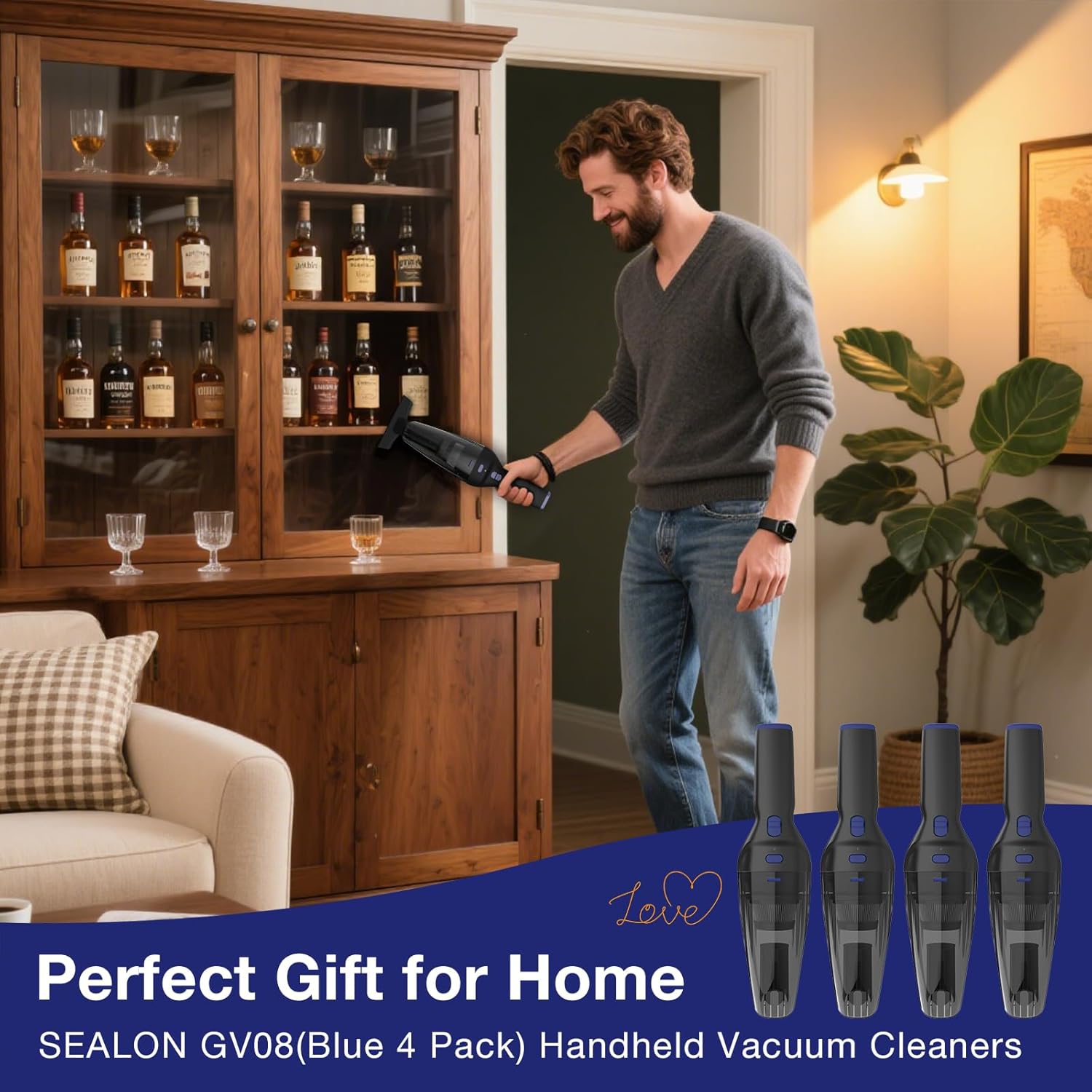 SEALON GV08 Handheld Rechargeable Car Vacuum Cleaner, 10KPa Vacuum Cleaner and Air Duster, High Power Hand Held Vacuum with LED Light and Multi-Nozzles for Car, Home, Office, Pet （Blue 4 Pack）