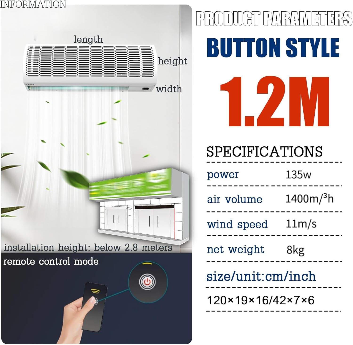 Air Curtain,Commercial Silent Door Air Curtain Machine, Energy-Saving Remote Control Black, Available in 1.5/1.8/2 Meters(1.2m)