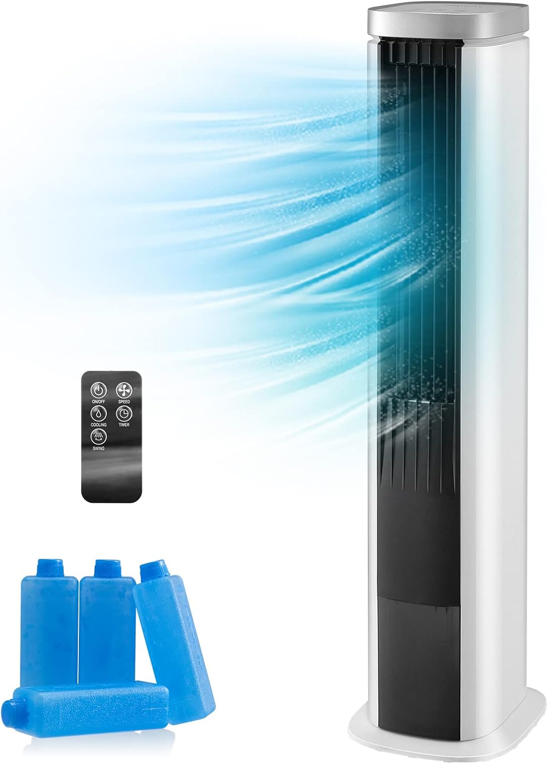 PETSITE Portable Air Conditioner Windowless, 3-IN-1 Evaporative Cooler, Remote Control, 4 Speeds, 7H Timer, 4 Ice Packs, Personal Cooling Bladeless Tower Fan, Swamp Cooler for Home Office Bedroom