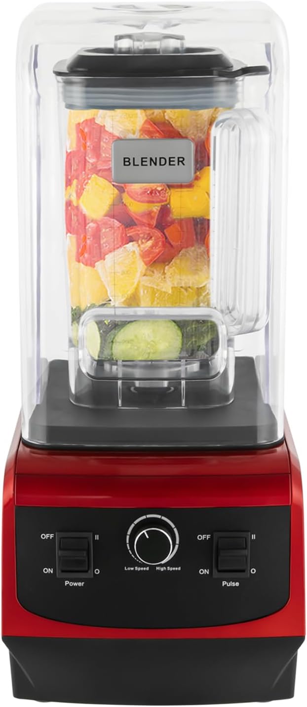 Blender with Soundproof Cover, Commercial Smoothie & Milkshake Machine with Food Pusher, Heavy Duty Quiet Noiseless Food Processing Blender, 2.2L/74.4OZ (Red)