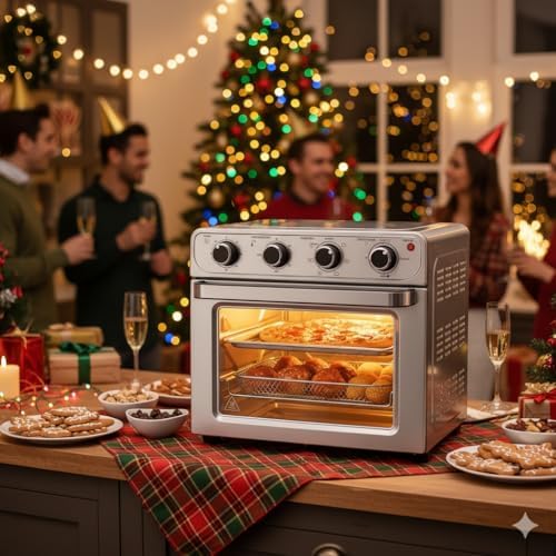 Simple Deluxe 26.4QT XL Air Fryer Toaster Oven Combo, 4-in-1 Countertop Convection Oven with Double Fan Technology, Includes Baking Pan & Fry Basket, Stainless Steel
