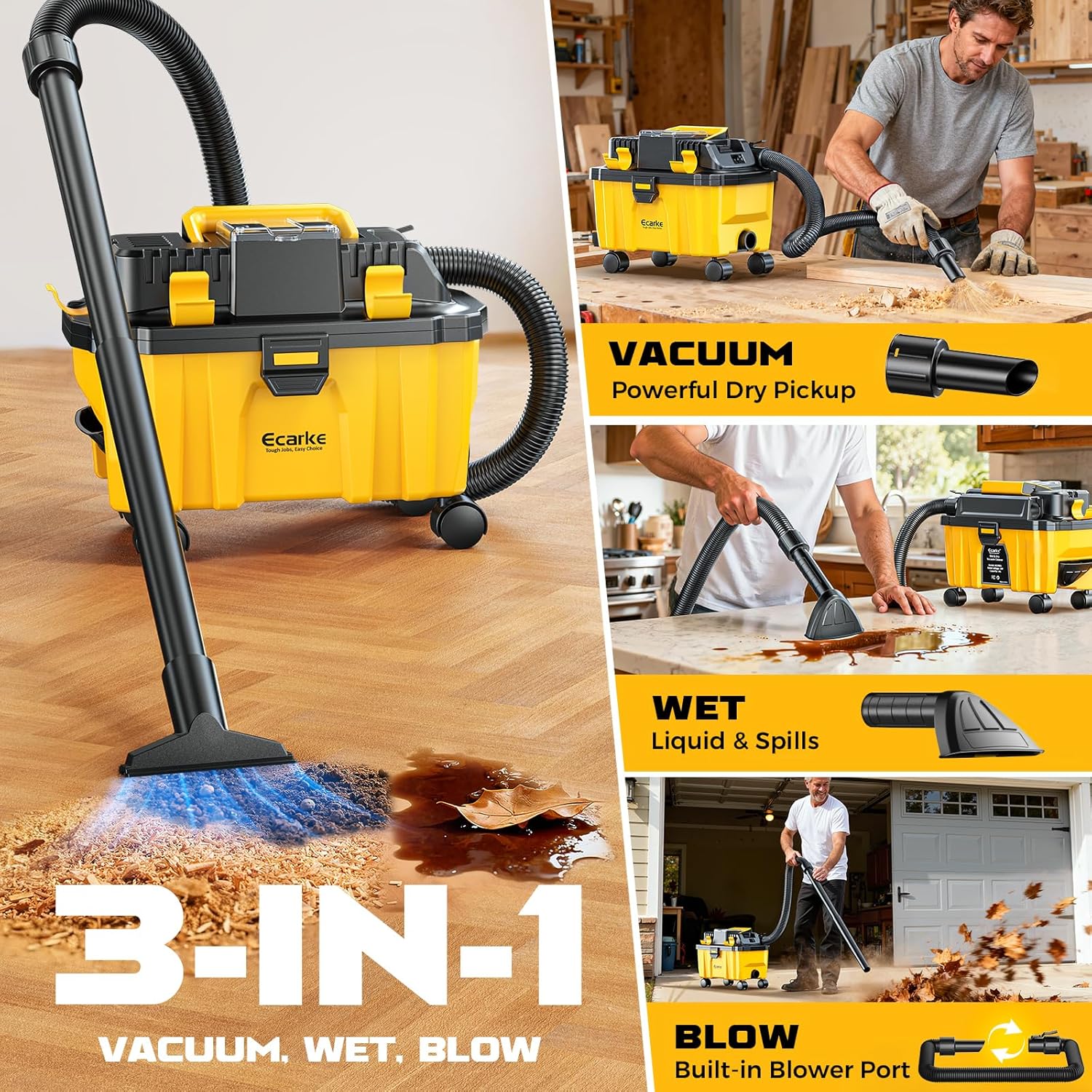 Ecarke 2.5 Gal Cordless Wet Dry Vacuum Compatible with DeWalt 20V Battery, 3-in-1 Shop Vac with Washable HEPA & Brushless Motor, 15KPa Suction, 4 Attachments for Garage Car Workshop (Tool Only)