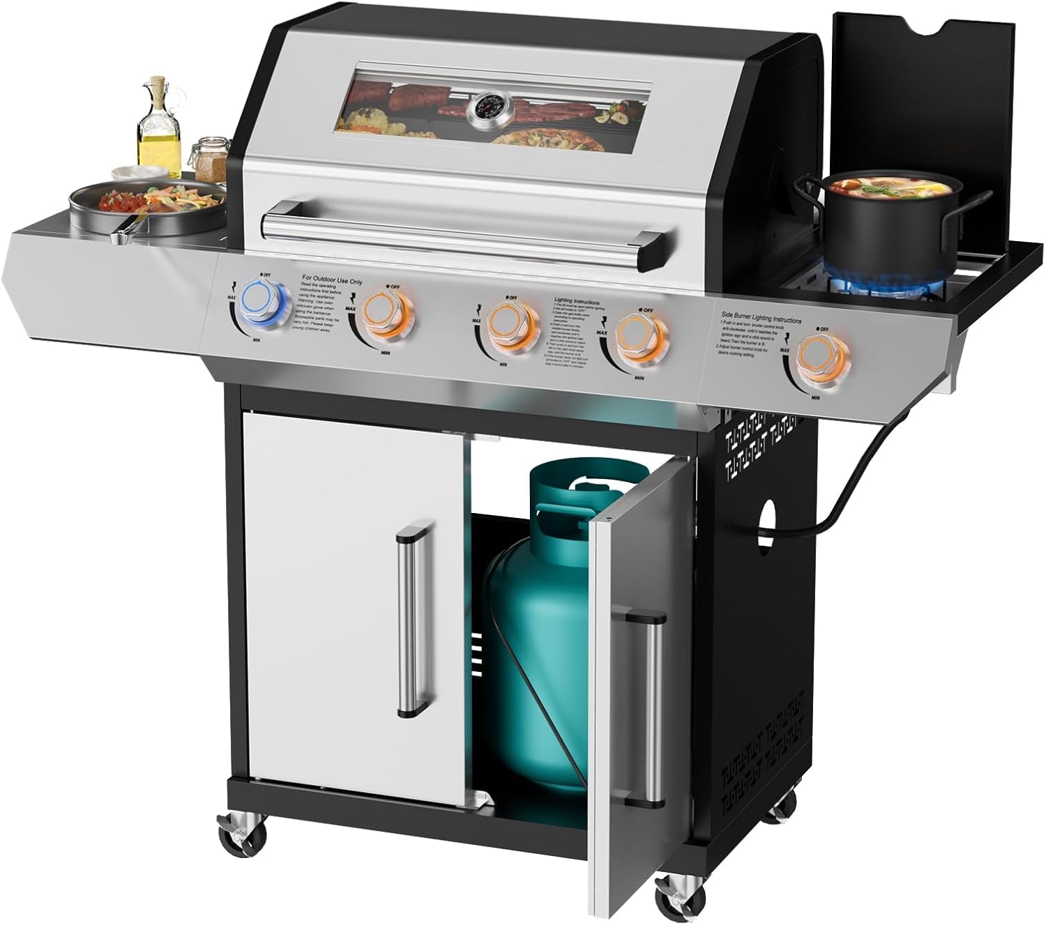 SKOK 4-Burner Led Gas BBQ Grill with Side Burner & Visual Glass, Barbecue Grill,60,000 BTU Stainless Steel Propane Grill 629 Sq. In. Grilling Area