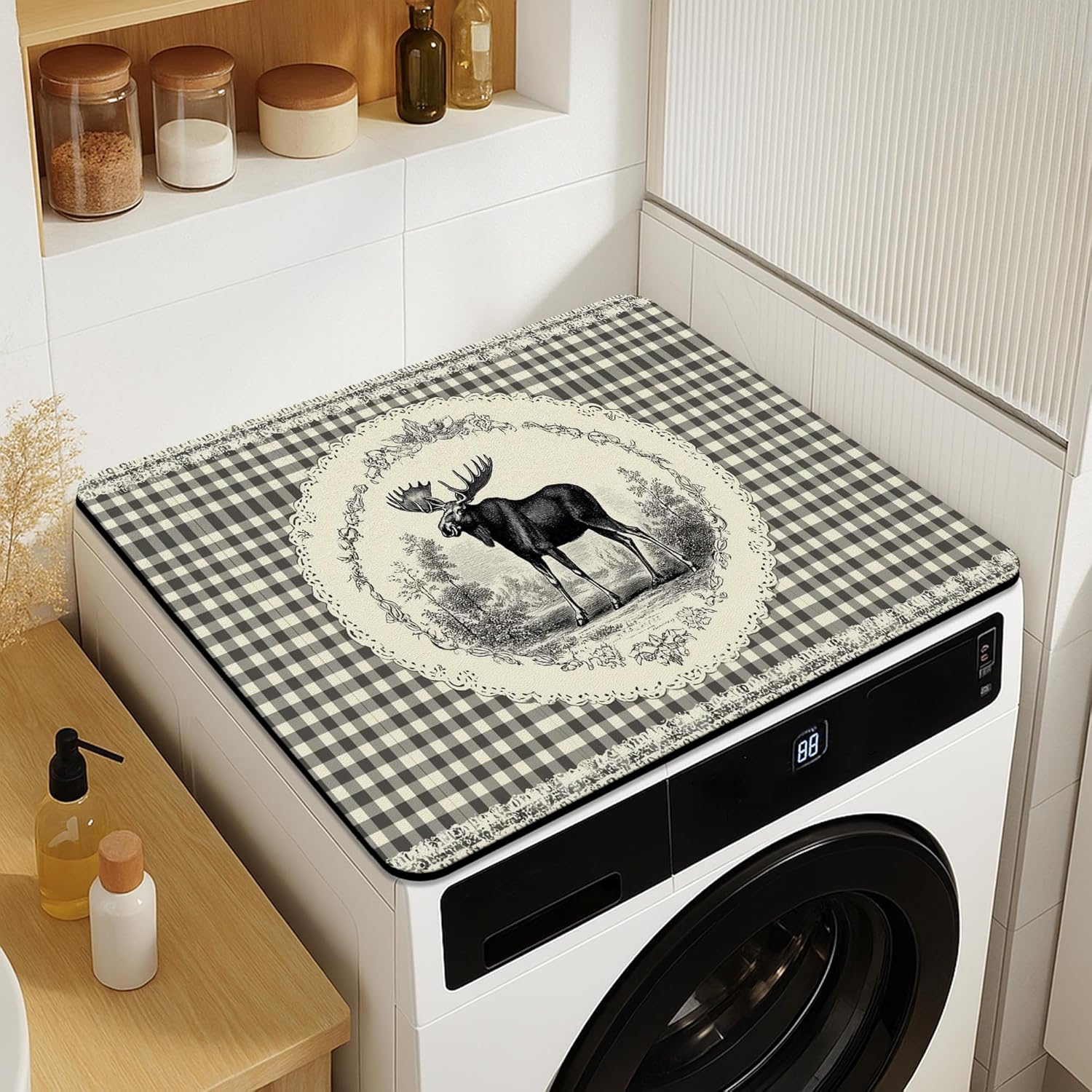 Moose Washer Dryer Top Protector Mat, Vintage Rustic Animal Laundry Machine Dust Covers, Fall Decorative Rubber Anti-slip Waterproof Washer and Dryer Mats for Laundry Room 20x24 Inch