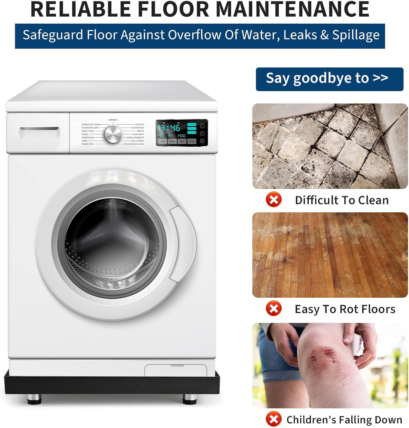 24x24 Inch Washing Machine Pan, Heavy-Duty Carbon Steel Rust-Proof Leak Protection Tray with 4 Anti-Vibration Feet, Floor Damage Prevention, Washer Drip Tray (without Drain Hole)