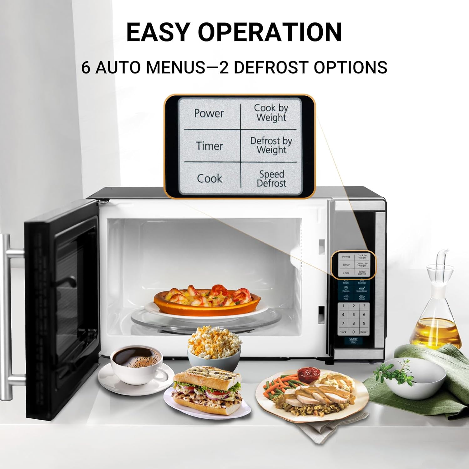 Smad 0.7 Cu.Ft Small Microwave, Countertop Microwave Oven with Removable Turntable, 6 Auto Menus and Child Lock, Mini Oven microondas for Apartments, Dorm and Kitchen, Stainless Steel, 700W