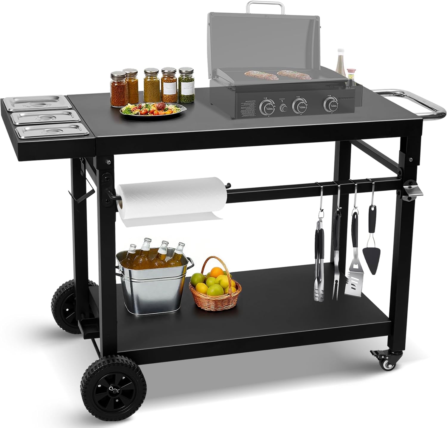 Black Cast Iron 2-Shelf Grill Cart with Wheels,Heavy Duty Pizza Oven Stand for Blackstone Ninja,Outdoor Cooking Station with Durable Tabletop