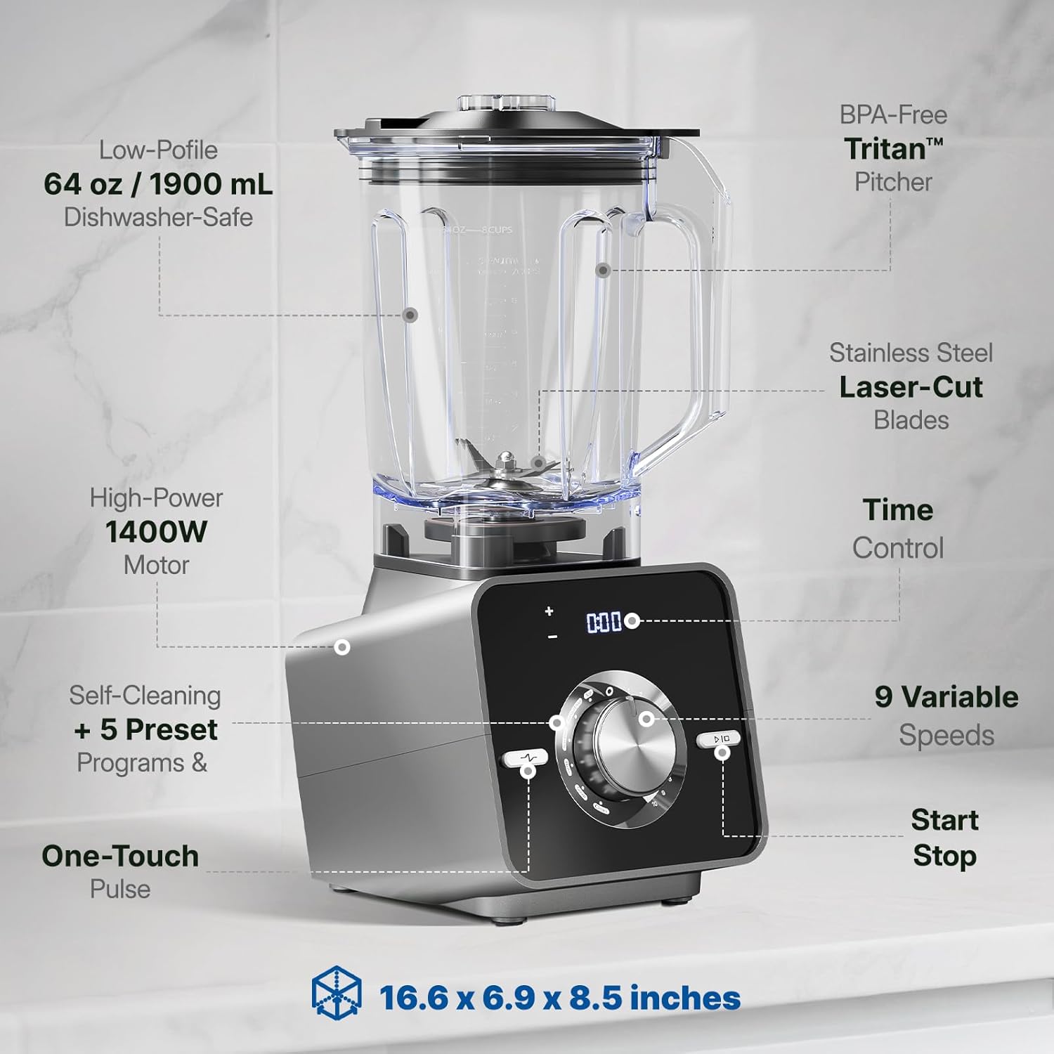 Home Blender, 1400W High-Speed Blender for Ice Crushing Power, Stainless Steel Blades, Kitchen Timer, 10 Speeds, 6 Programs for Smoothies, Frozen Drinks, Self-Cleaning, 64oz Bulk Production