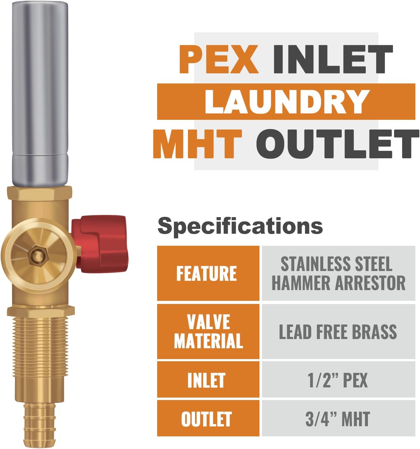 SUNGATOR Washing Machine Laundry Outlet Box, Washer Water Valve Wall Box with Center Drain, 1/2 Inch Pex Crimp Inlet x 3/4 Inch MHT Outlet, with Stainless Steel Water Hammer Arrestor and 4 Crimp Rings