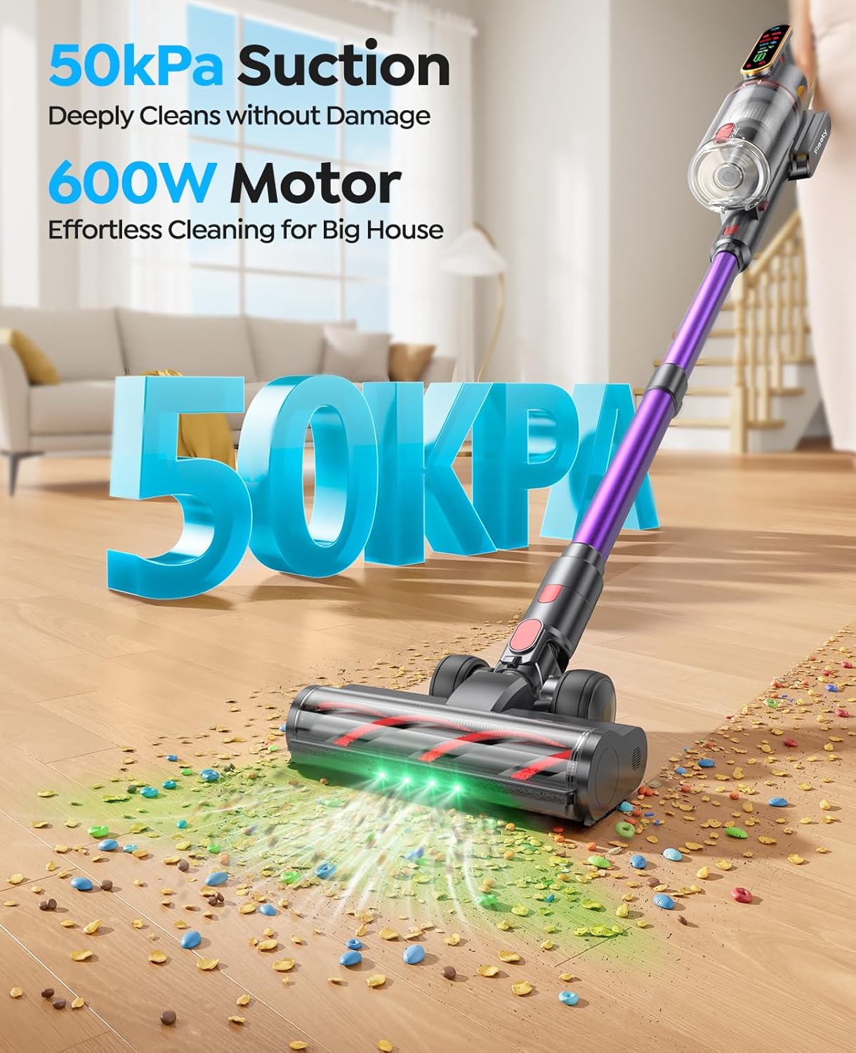 Cordless Vacuum Cleaner 50KPa/600W/65Mins Stick Vacuum Cleaners for Home with Pet Brush, 3.3Ft Hose, Wall Mount Charging, Auto Mode, Touchscreen, Self-Standing Vacuum for Pet Hair/Carpet/Car, Ultra10